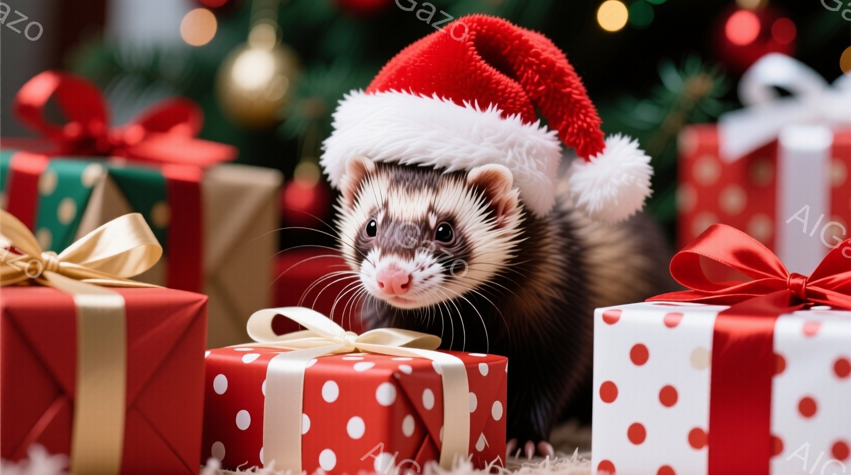 イタチが赤いサンタの帽子をかぶって、プレゼントの箱に囲まれています。その表情は少し警戒しているようで、箱をじっと見つめています。背景にはぼやけたクリスマスツリーの光がみえ、華やかで温かいクリスマスの雰 - AI生成フリー素材