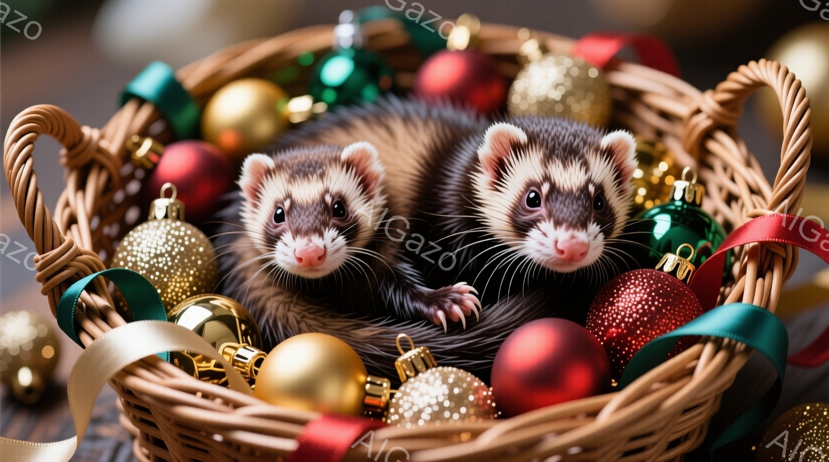 籠の中に2匹のフェレットが寄り添って座っており、その周りにはクリスマスオーナメントが散りばめられています。フェレットは好奇心旺盛そうな表情で、リラックスした様子で互いに体を寄せ合っています。背景は木製 - AI生成フリー素材
