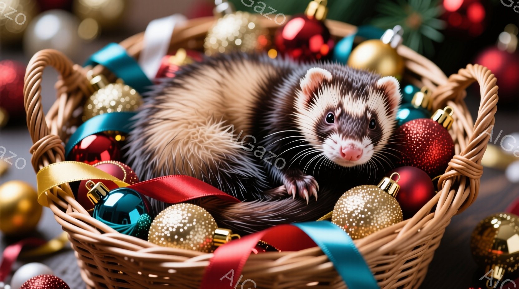 籐で編まれたバスケットの中に、可愛らしいイタチが丸まって眠っています。バスケットは赤、金、緑のクリスマスオーナメントやリボンで満たされ、キラキラと輝いています。全体的に、温かく、お祝いムードにあふれた - AI生成フリー素材