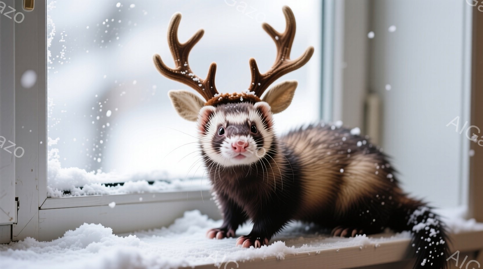 イタチが窓枠に座り、頭には小さなトナカイの角が生えたような飾りをつけている。その表情は少し緊張気味だが、どこか可愛らしい姿をしている。背景は雪が降る冬の景色で、白い雪が窓ガラスに付着し、全体的に穏やかで暖かい雰囲気を作り出している。