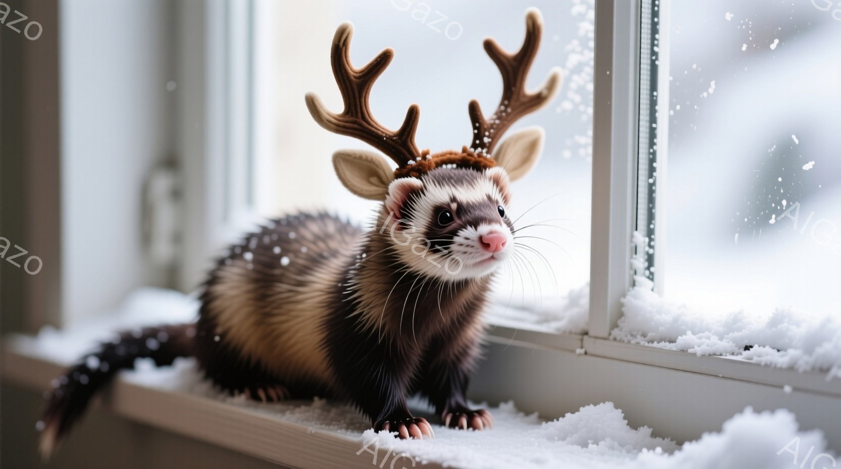 白い窓枠に、イタチが立っています。頭にはトナカイの角のような飾りを付けており、少し驚いたような表情をしています。背景には雪が舞っており、冬の静かで穏やかな雰囲気を醸し出しています。