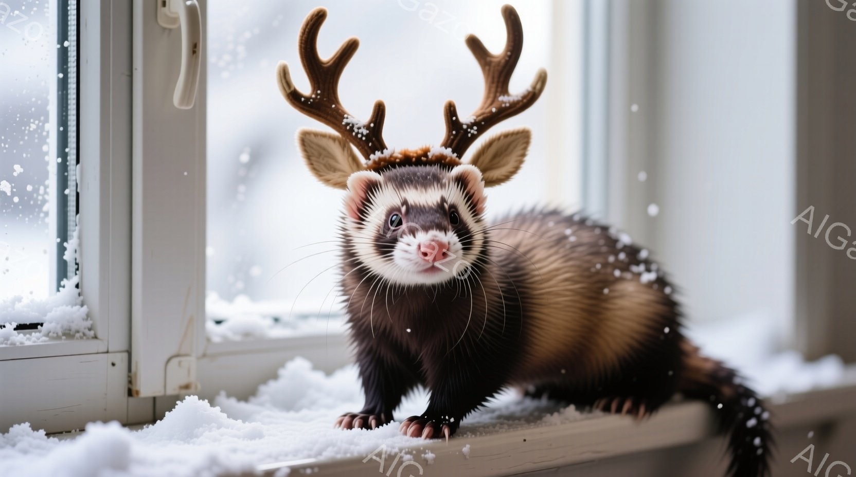 茶色のイタチが、クリスマスのトナカイの角を付けて窓辺に座っています。その表情は少し驚いたようで、真っ直ぐ前を見つめています。外は雪が降り積もり、冬の景色が広がっています。