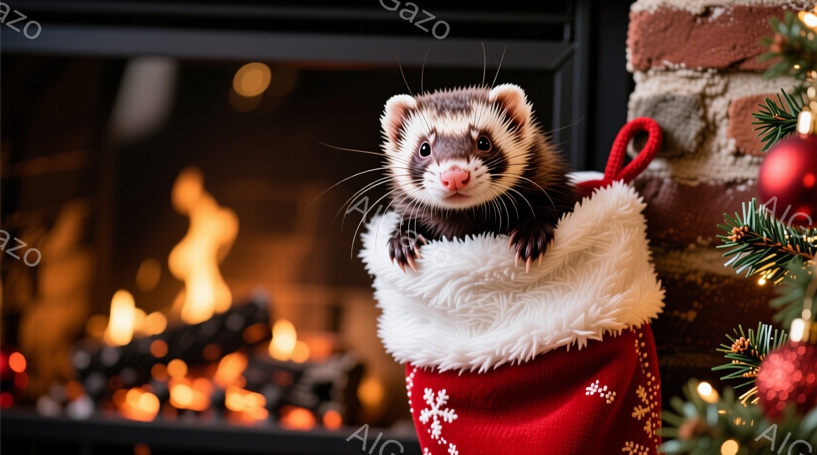 クリスマス柄の靴下から顔を出しているフェレットが写っています。フェレットは好奇心旺盛な表情で、少し上目遣いをしてこちらを見ています。背景には暖炉の炎と、クリスマスツリーの飾りが見え、暖かく、お祝いムー - AI生成フリー素材