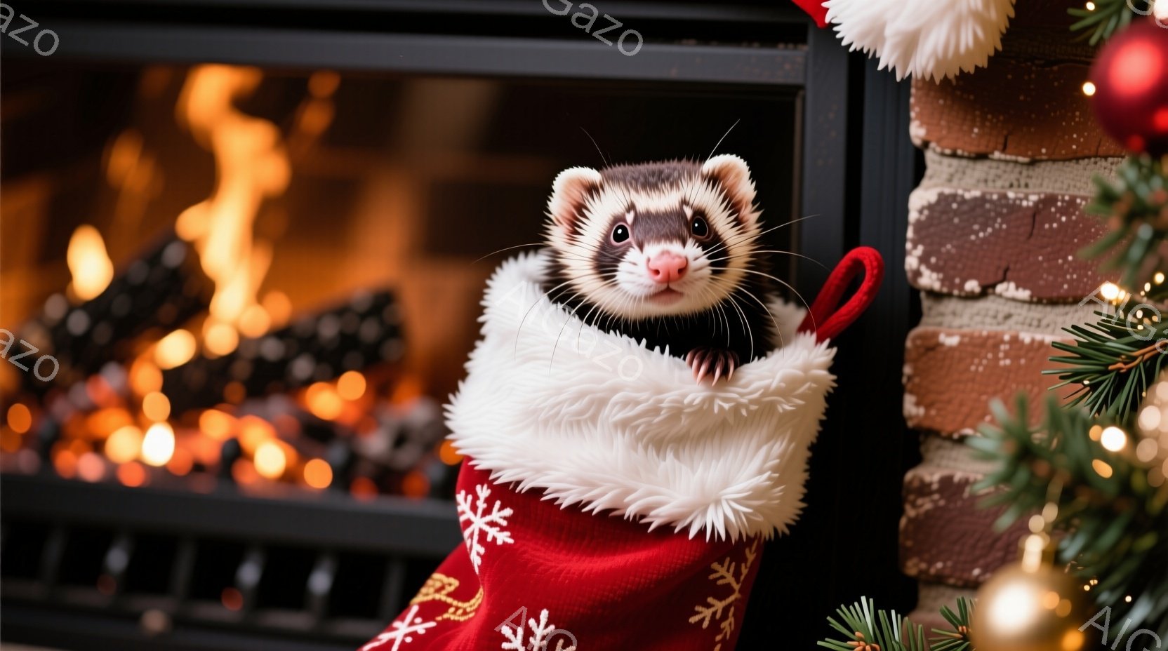 赤いクリスマスストッキングの中に、毛並みの美しいフェレットが顔を出しています。フェレットは少し不安げな表情で、好奇心旺盛な眼差しでこちらを見ています。背景には暖炉の炎とクリスマスツリーの緑が映り、温か - AI生成フリー素材