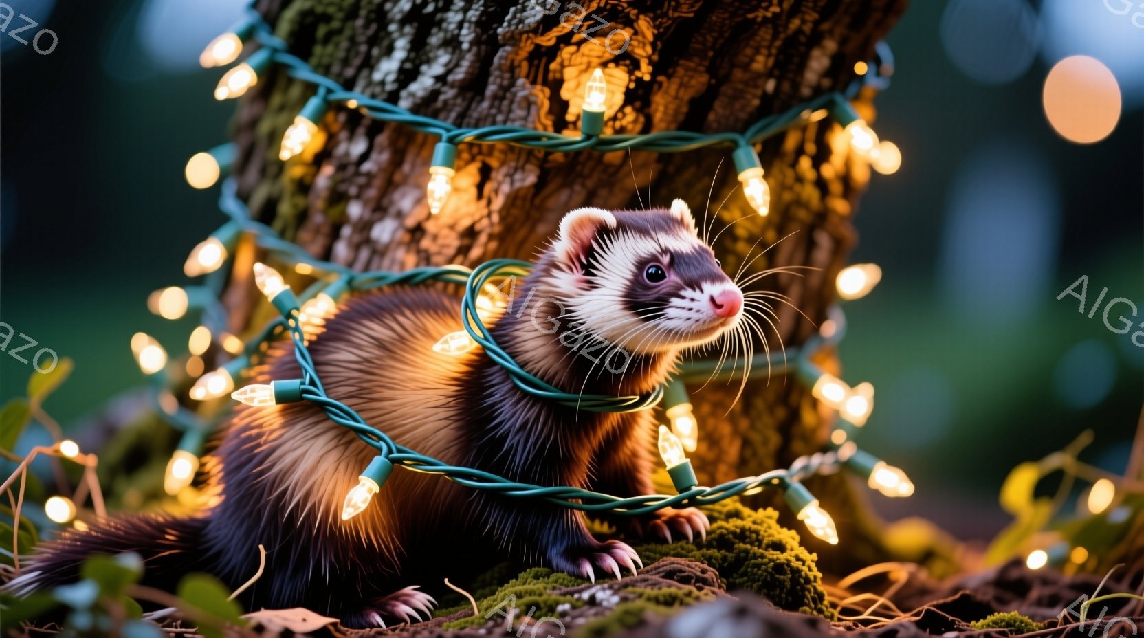 茶色のイタチが木の根元に座り、緑色のクリスマスライトに身を包んでいます。イタチは少し上目遣いで、どこか可愛らしい表情をしています。背景は暗く、木々と落ち葉がぼんやりと見え、ライトの温かい光がイタチを照らし出しています。