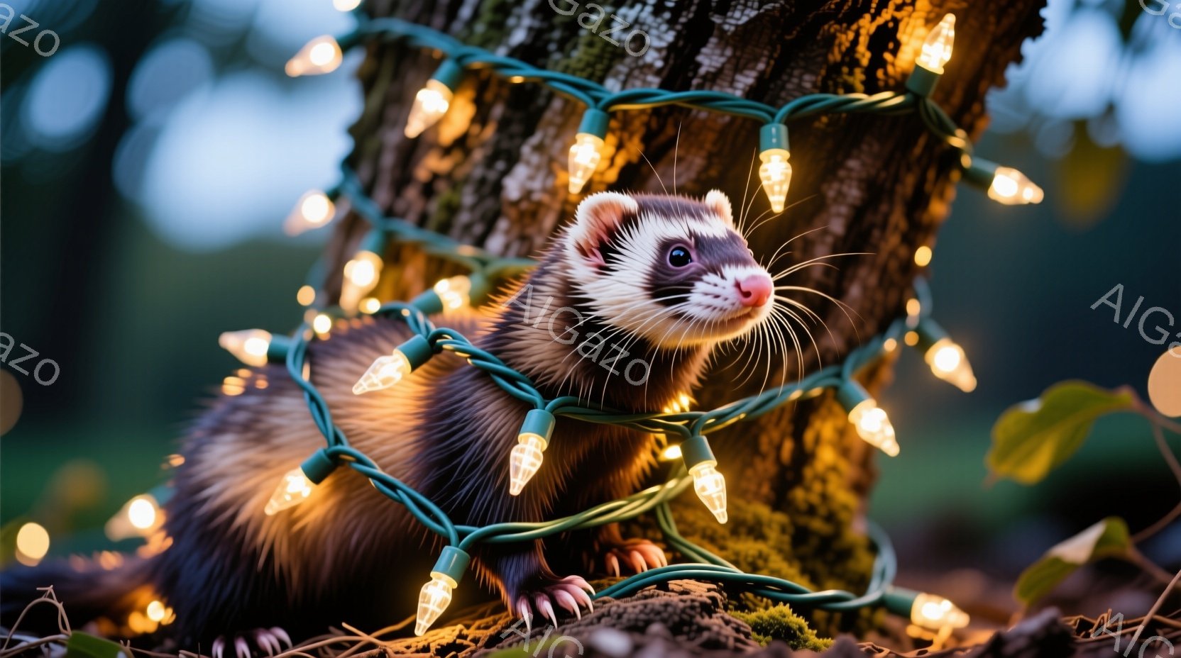 暗い森の中で、イタチがクリスマスの電飾に身を包み、木の根元に座っています。イタチは好奇心と少しの警戒心を含んだ表情でカメラを見つめ、毛並みは艶やかで健康的な印象を与えます。背景は緑豊かな植生と暗い土で構成され、暖色の電飾がイタチを照らし出し、幻想的で温かい雰囲気を醸し出しています。