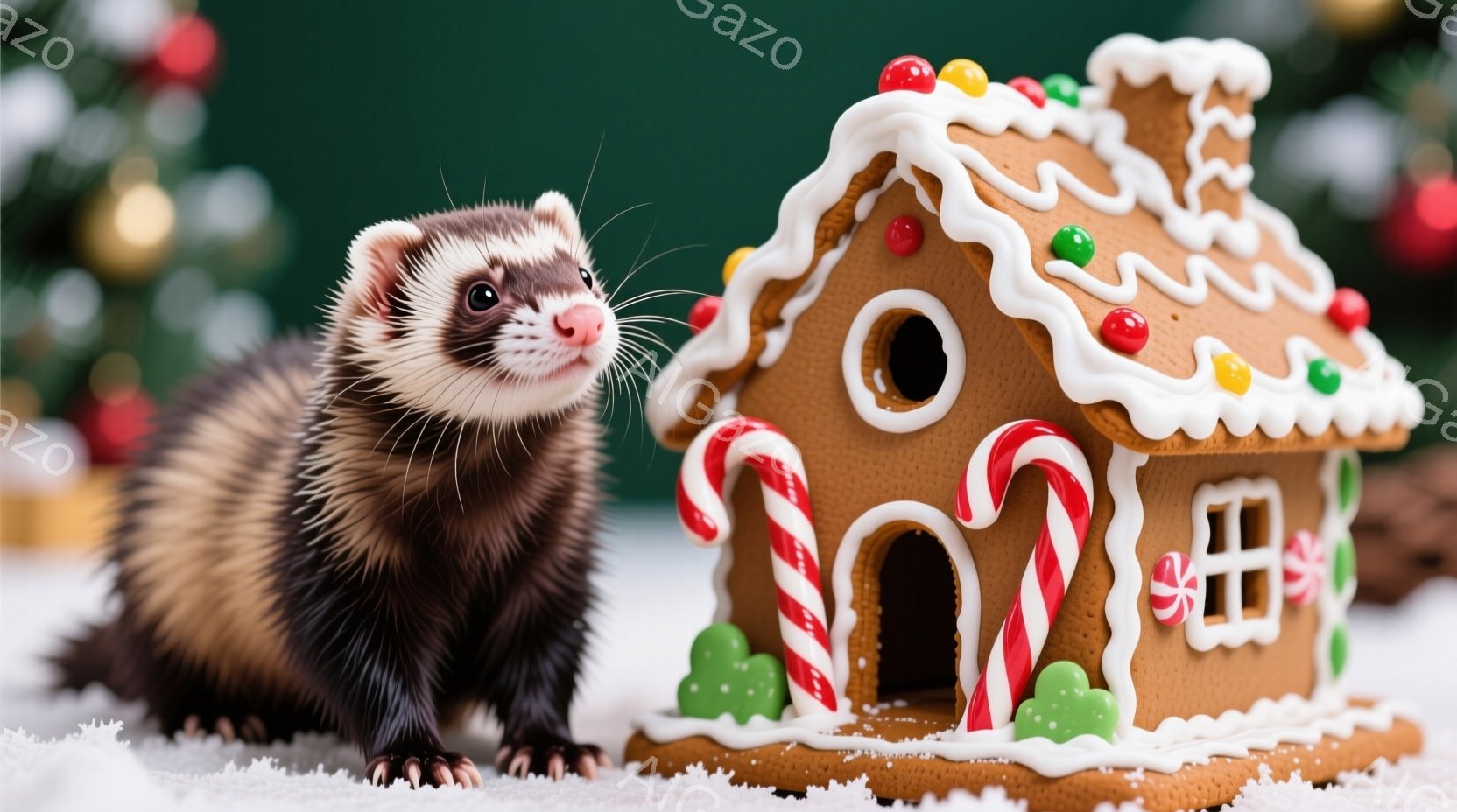 暗褐色のフェレットが、雪の上に置かれたジンジャーブレッドハウスの前に立っています。フェレットは好奇心旺盛な表情でカメラを見つめ、ジンジャーブレッドハウスはキャンディケーンやカラフルな飾り付けが施されて - AI生成フリー素材