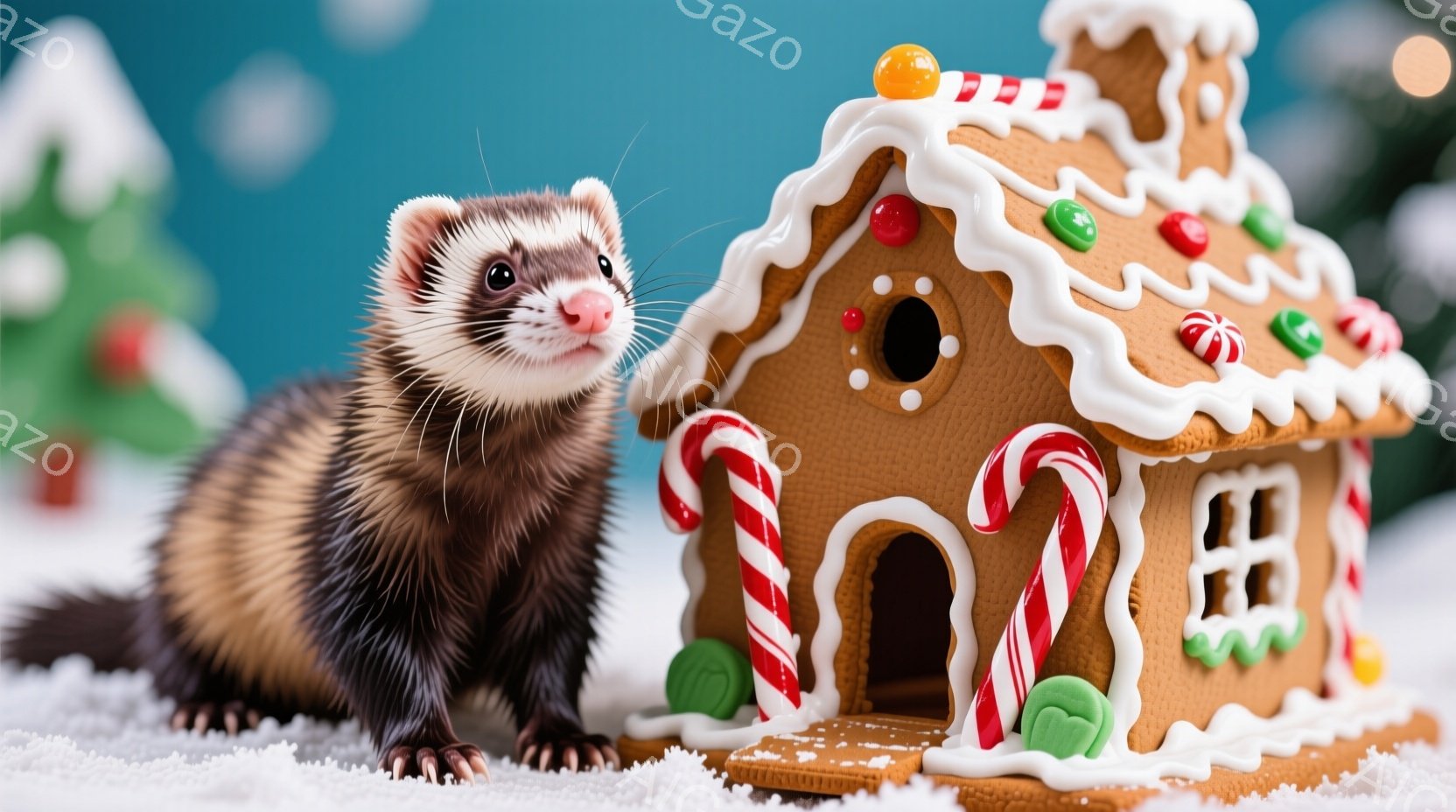 鮮やかなターコイズブルーの背景に、雪景色が広がっています。茶色のイタチが、キャンディケーンとグミで飾られたジンジャーブレッドハウスの前に立っており、好奇心旺盛な表情でこちらを見ています。全体的に、暖かく、お祝いの雰囲気で、冬のホリデーシーズンを連想させる画像です。