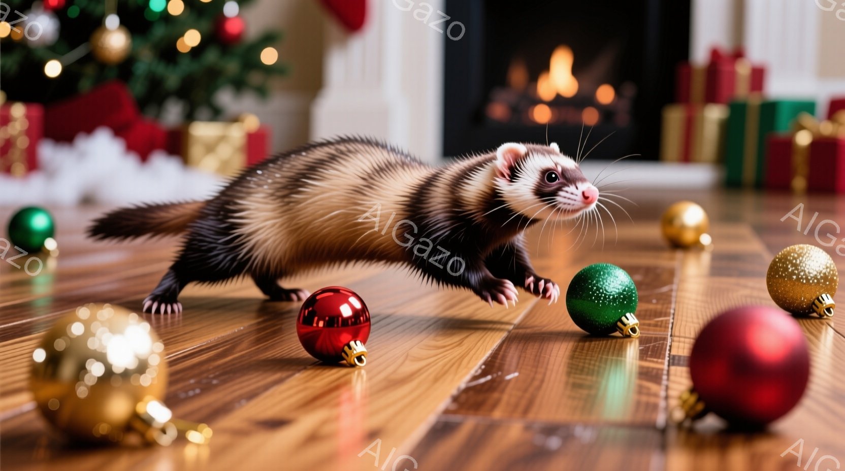 暖炉のある部屋の床に、イタチがクリスマスのオーナメントの間を歩いています。イタチは茶色と白の毛並みで、少し警戒した表情をしています。背景にはクリスマスツリーやプレゼントが見え、温かくお祝いムードが漂っています。