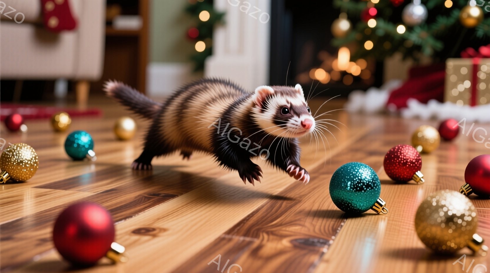 暖炉とクリスマスツリーが背景にぼやけて見える、木の床の上にイタチが活発に走り回っている様子が写っている。周りには赤、緑、金色のクリスマスオーナメントが散らばり、お祝いの雰囲気を演出している。イタチは黒と白の毛並みで、動きのある姿が愛らしい。