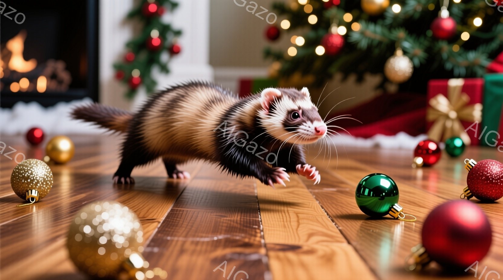 暖炉の前に置かれたクリスマスツリーの周りで、イタチが遊び心たっぷりに駆け回っています。床には様々な色のクリスマスオーナメントが散らばっており、イタチはそれらに興味津々で、前足を伸ばして楽しんでいます。 - AI生成フリー素材