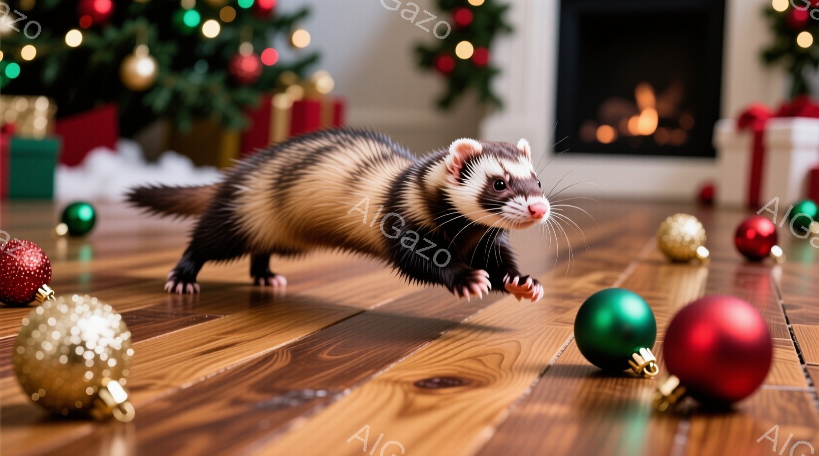 暖炉とクリスマスツリーが背景にある木の床に、イタチが活発に駆け寄っている様子が写っている。イタチは茶色と黒の毛並みで、鋭い目つきで前方を見つめている。背景には、赤、緑、金色のオーナメントが散りばめられ、クリスマスの雰囲気が漂っている。