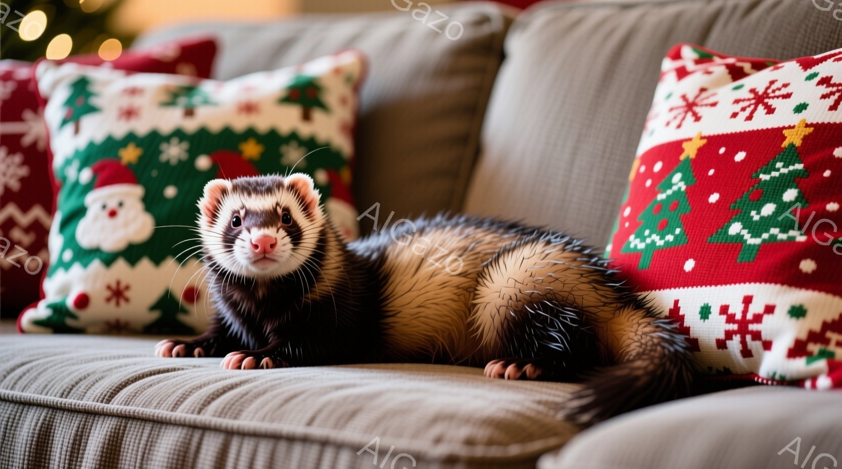 茶色の毛並みを持つフェレットが、クリスマスの柄のクッションに囲まれた灰色のソファに横たわっています。フェレットはリラックスした様子でカメラを見つめており、その姿勢はゆったりとしています。背景にはぼやけ - AI生成フリー素材