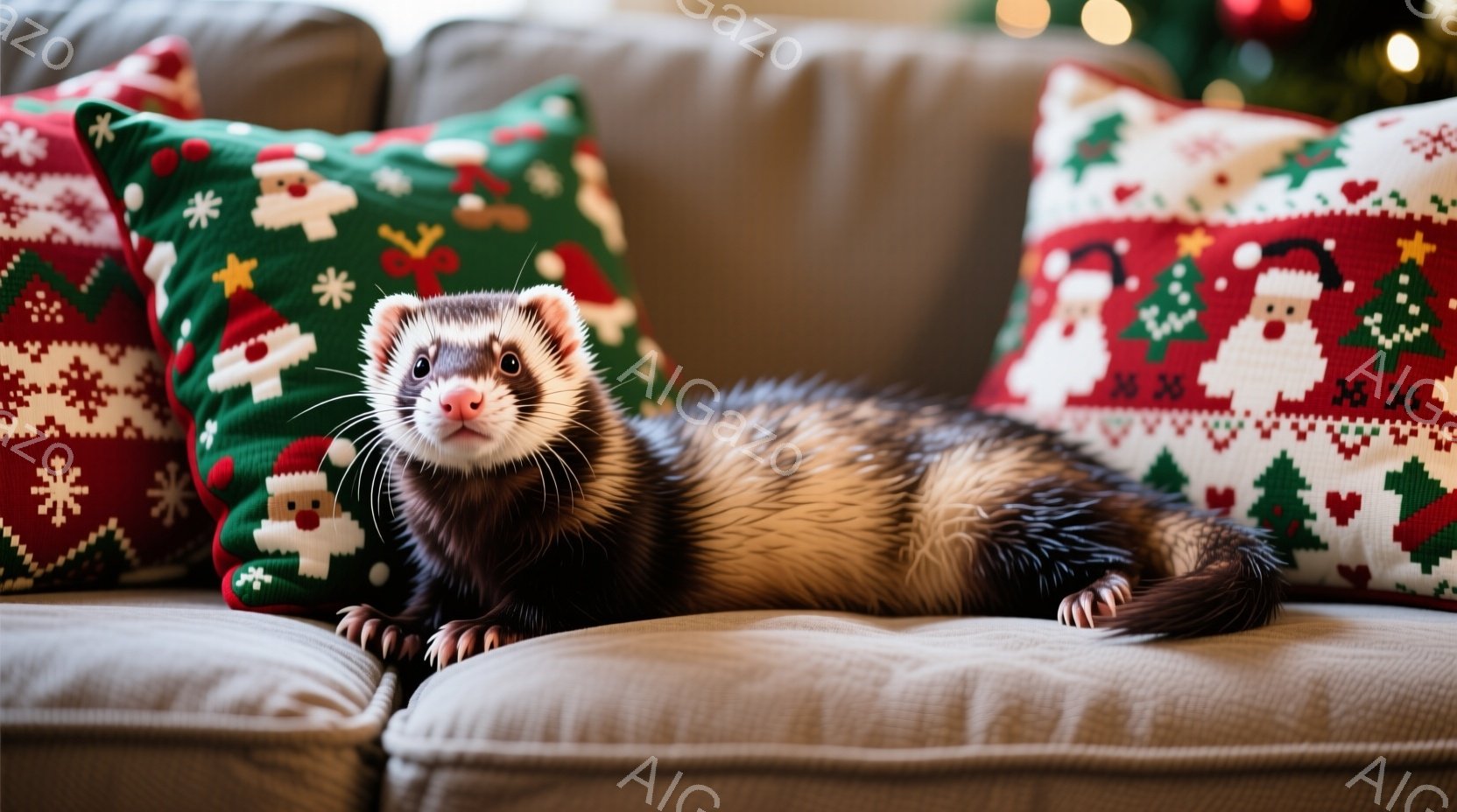 クリスマスの柄のクッションに横たわるイタチが写っています。イタチは茶色と白の毛並みで、前足を伸ばしてリラックスした姿勢を見せています。背景には、ぼやけたクリスマスツリーや装飾が映り込み、温かく穏やかなクリスマスの雰囲気を醸し出しています。