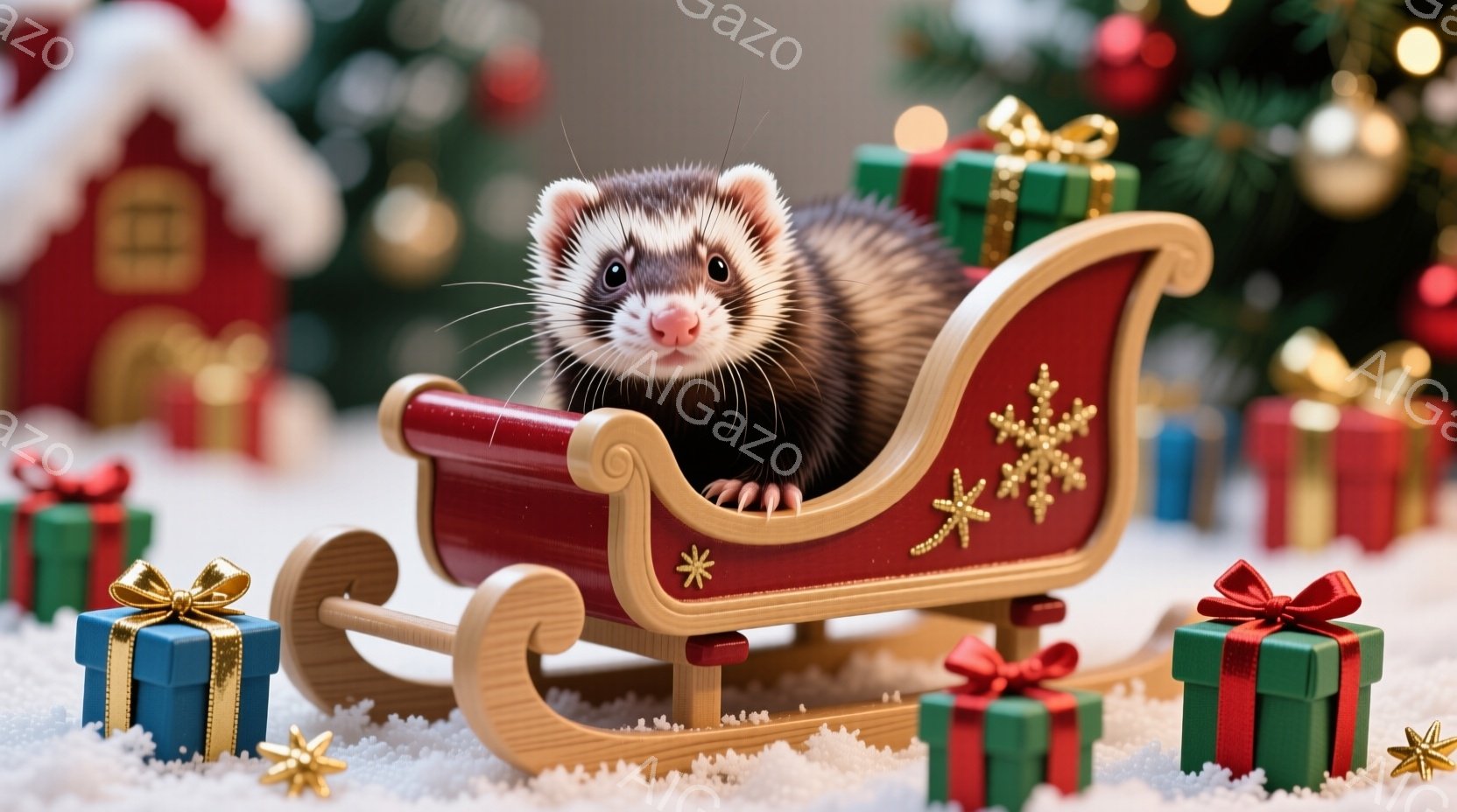 赤いそりに乗った可愛らしいフェレットが写っています。フェレットは前足をそりの縁にかけ、好奇心旺盛な表情で正面を見ています。背景には、雪景色の中にクリスマスツリーやプレゼント箱が散りばめられ、温かく幻想 - AI生成フリー素材