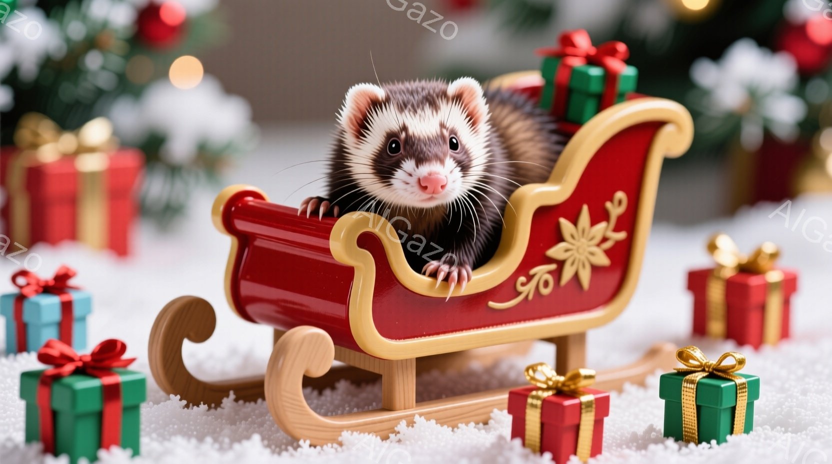 赤いそりにイタチが乗っています。イタチはそりの縁に前足をかけ、好奇心旺盛な表情でこちらを見ています。背景には雪とカラフルなラッピングされたプレゼントが散りばめられており、クリスマスの温かく楽しい雰囲気を醸し出しています。