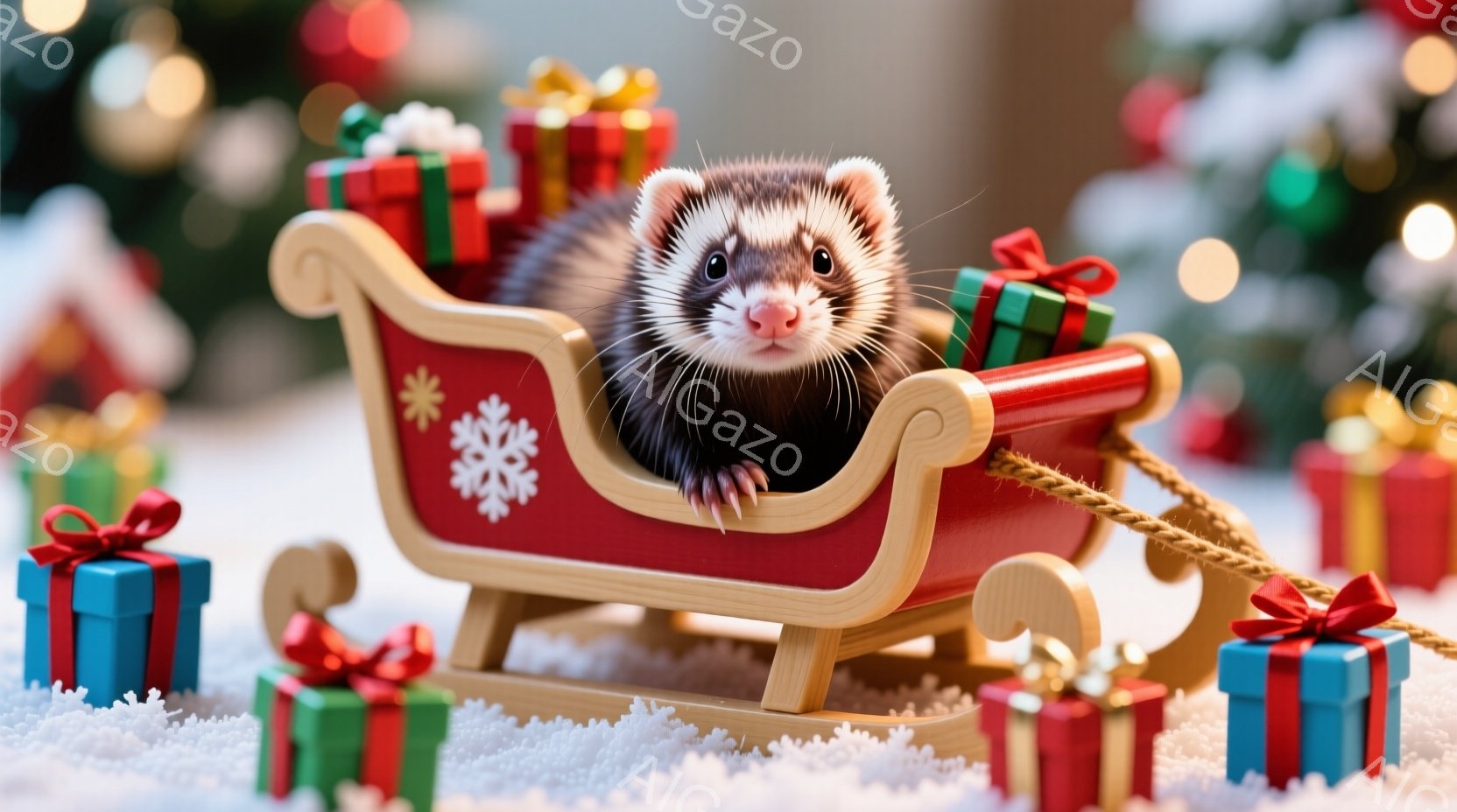 赤いそりにイタチが乗っています。イタチは前足をそりの縁につかまり、好奇心旺盛な表情でカメラを見ています。背景にはカラフルなラッピングされたプレゼントの山と、ぼやけたクリスマスツリーの光があり、全体的に温かくお祝いの雰囲気が漂っています。