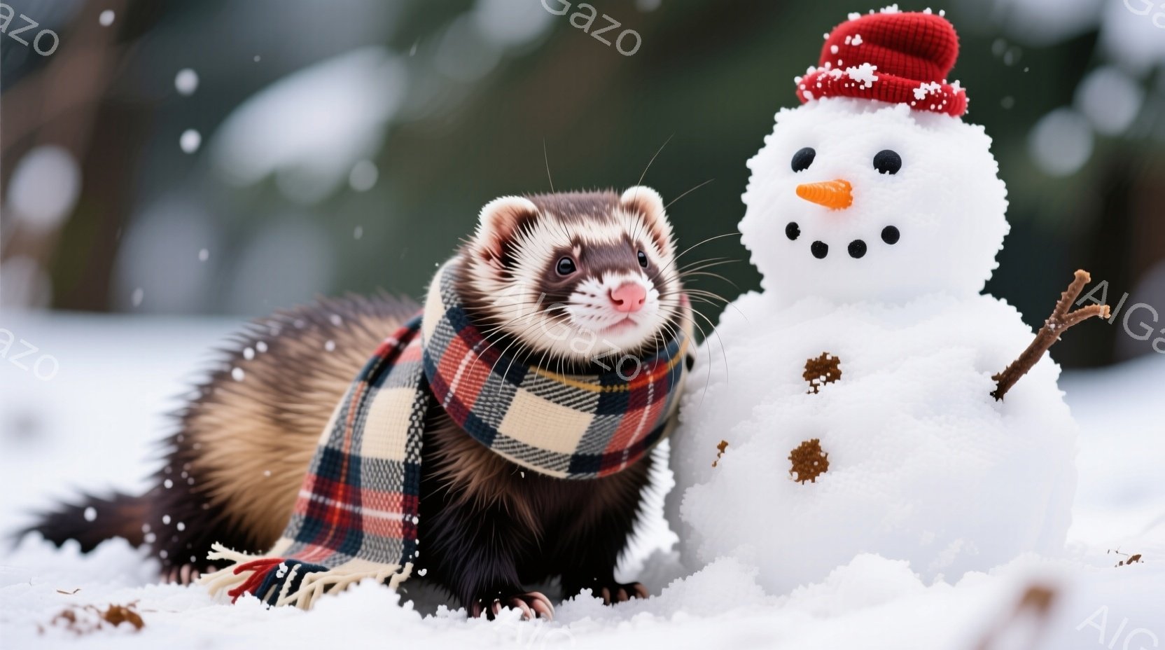 雪景色の中で、イタチがチェック柄のマフラーを巻いて、手作りの雪だるまと寄り添っています。雪だるまはにんじんの鼻と炭で作られた目と口を持ち、枝が腕の代わりになっています。背景はぼやけた冬の森で、雪が静かに降り積もっており、温かく可愛らしい雰囲気を醸し出しています。