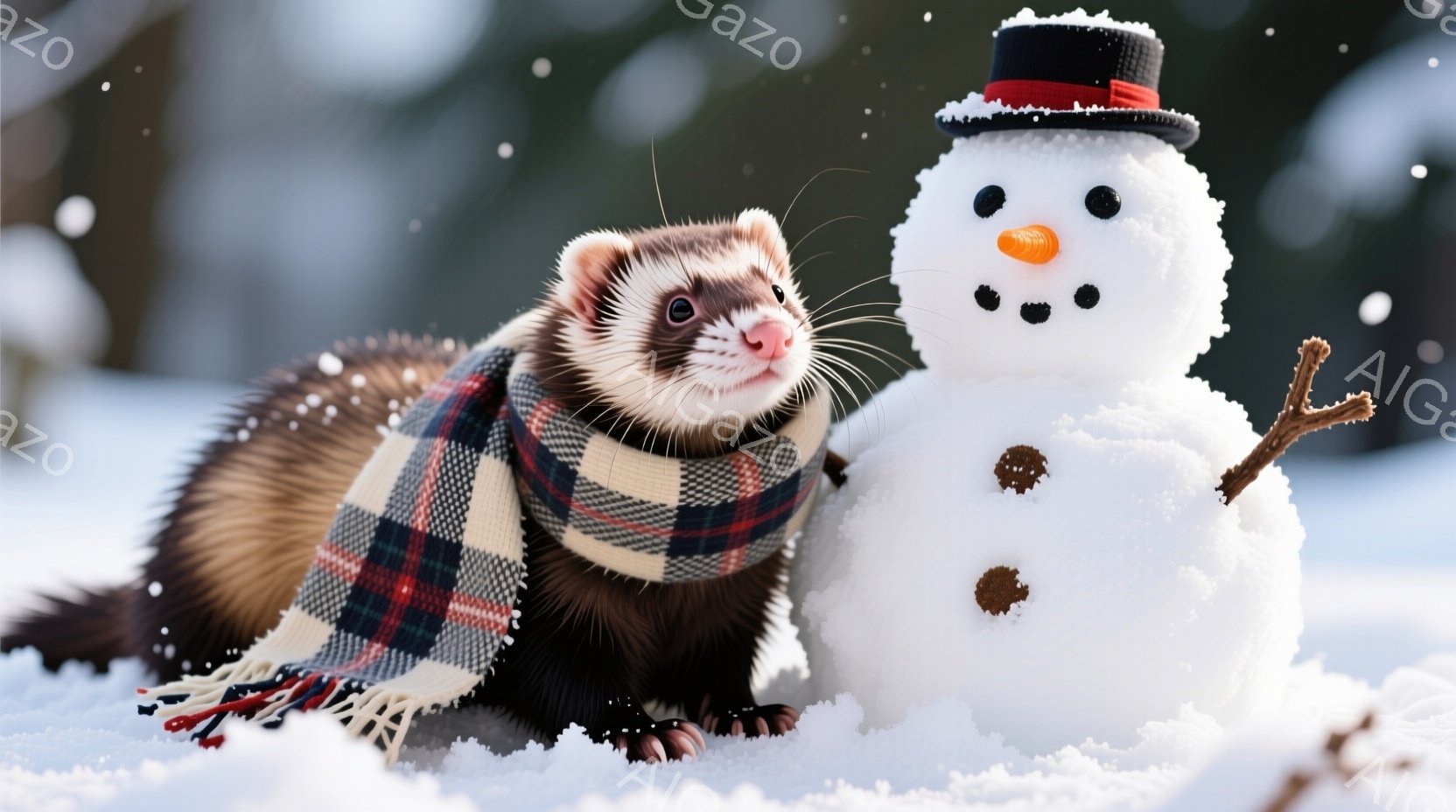 イタチがチェック柄の暖かいスカーフを首に巻いて雪の中に座っています。その隣には、にんじんの鼻と石の目、そして頭にはシルクハットをかぶった雪だるまが立っています。背景は雪景色で、全体的に暖かく、楽しい冬の雰囲気が漂っています。