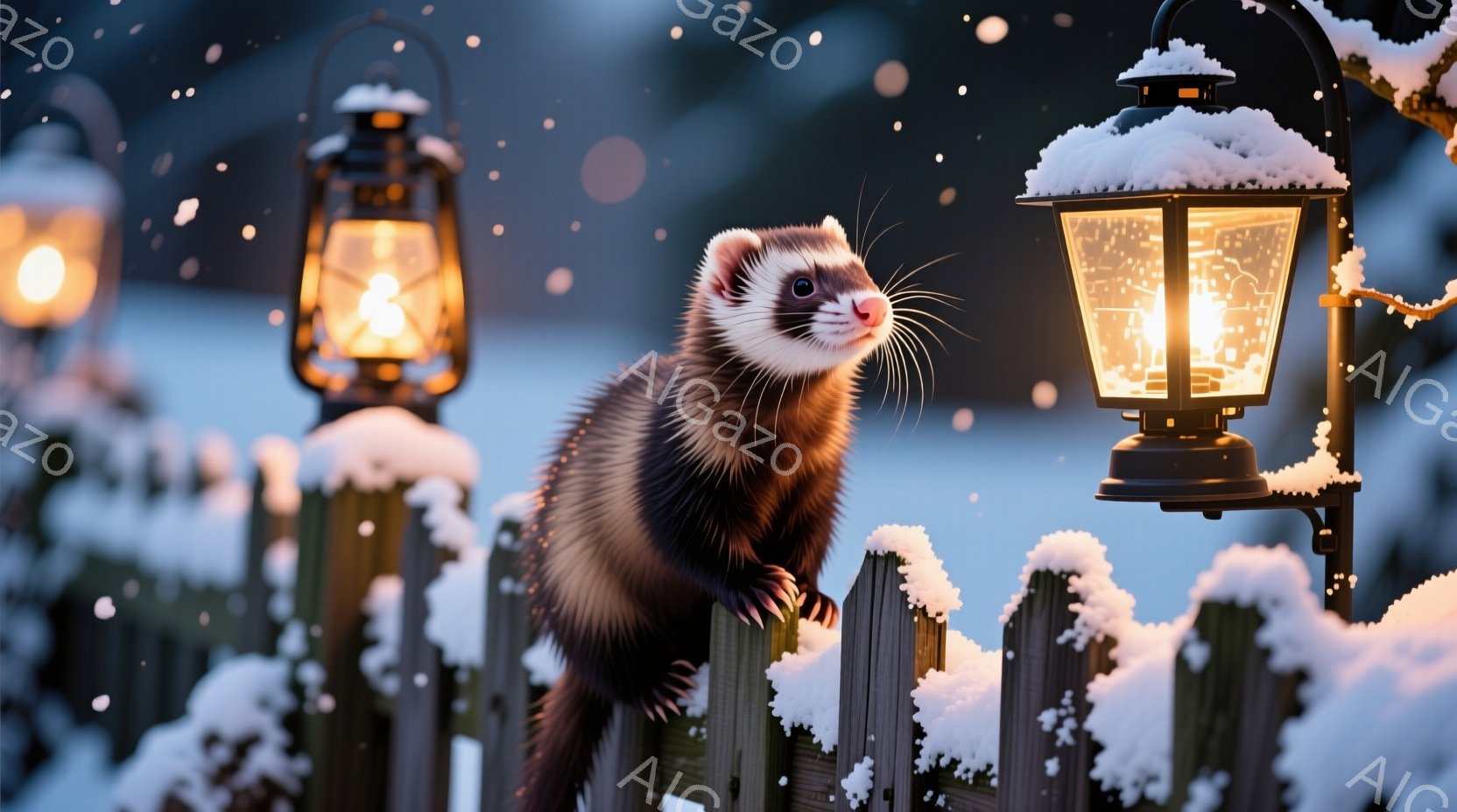 雪が降る中、フェレットが雪に覆われた木の柵の上に座り、好奇心旺盛な表情でカメラを見ている。周囲には点灯したランタンがいくつかあり、暖かく幻想的な雰囲気を醸し出している。背景は暗い青色で、雪の舞い散る冬の夜の静寂さを強調している。