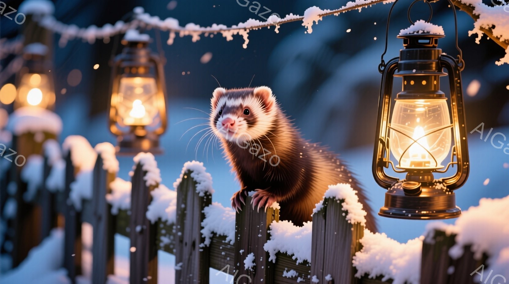 雪が舞う夜、木製の柵にイタチが前足をかけて覗き込んでいます。周りには灯油ランプがいくつか吊るされ、温かい光を放ち、雪景色を照らしています。冬の静寂と、イタチの好奇心に満ちた表情が印象的な、幻想的な雰囲気です。