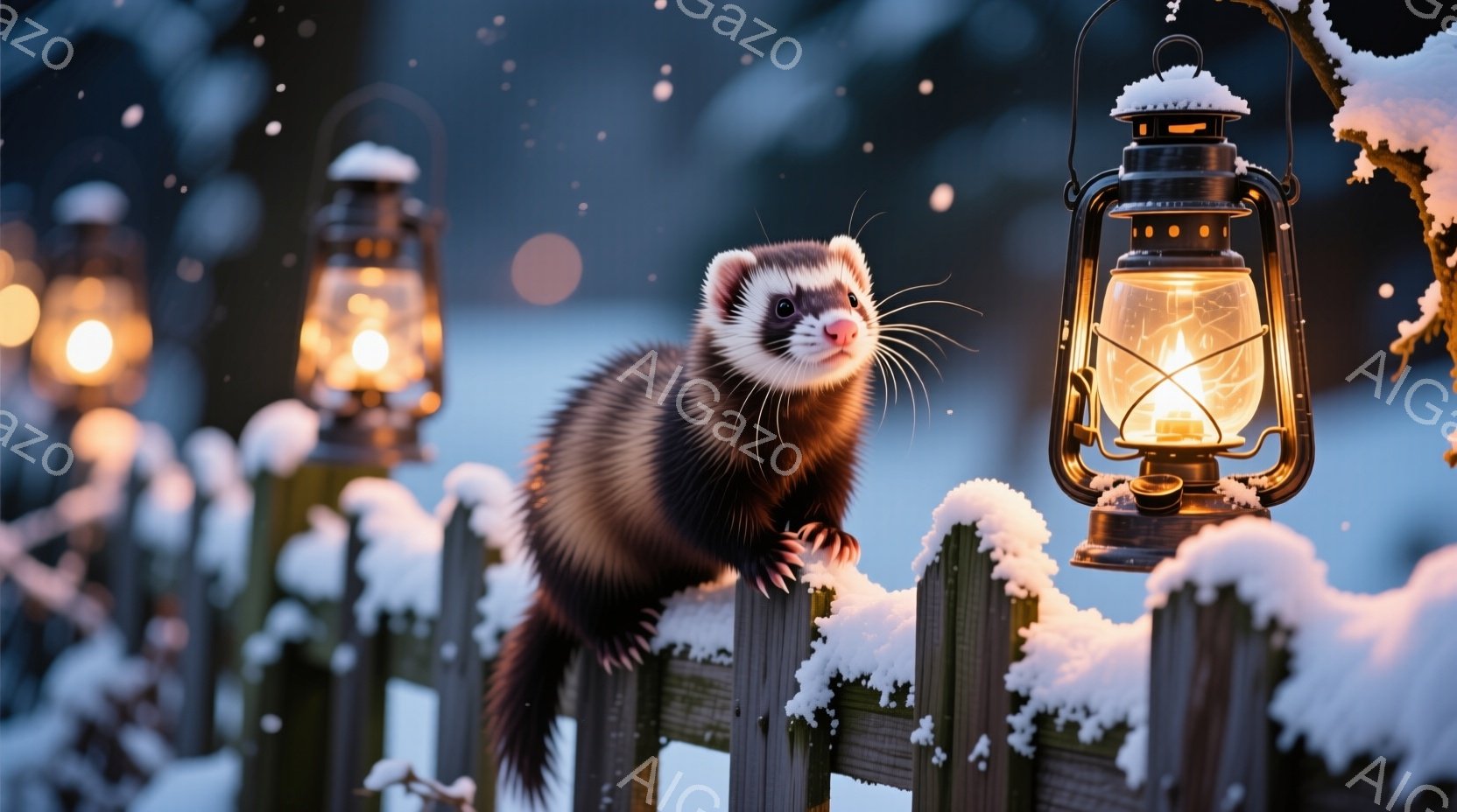 白い雪が降り積もる中で、柵の上にとまっているイタチが写っている。イタチは好奇心旺盛な表情でこちらを見つめ、冬の夜に灯る暖かなランタンの光が、幻想的な雰囲気を醸し出している。背景にはぼんやりとした雪景色が広がり、静寂で穏やかな冬の夜の情景が表現されている。