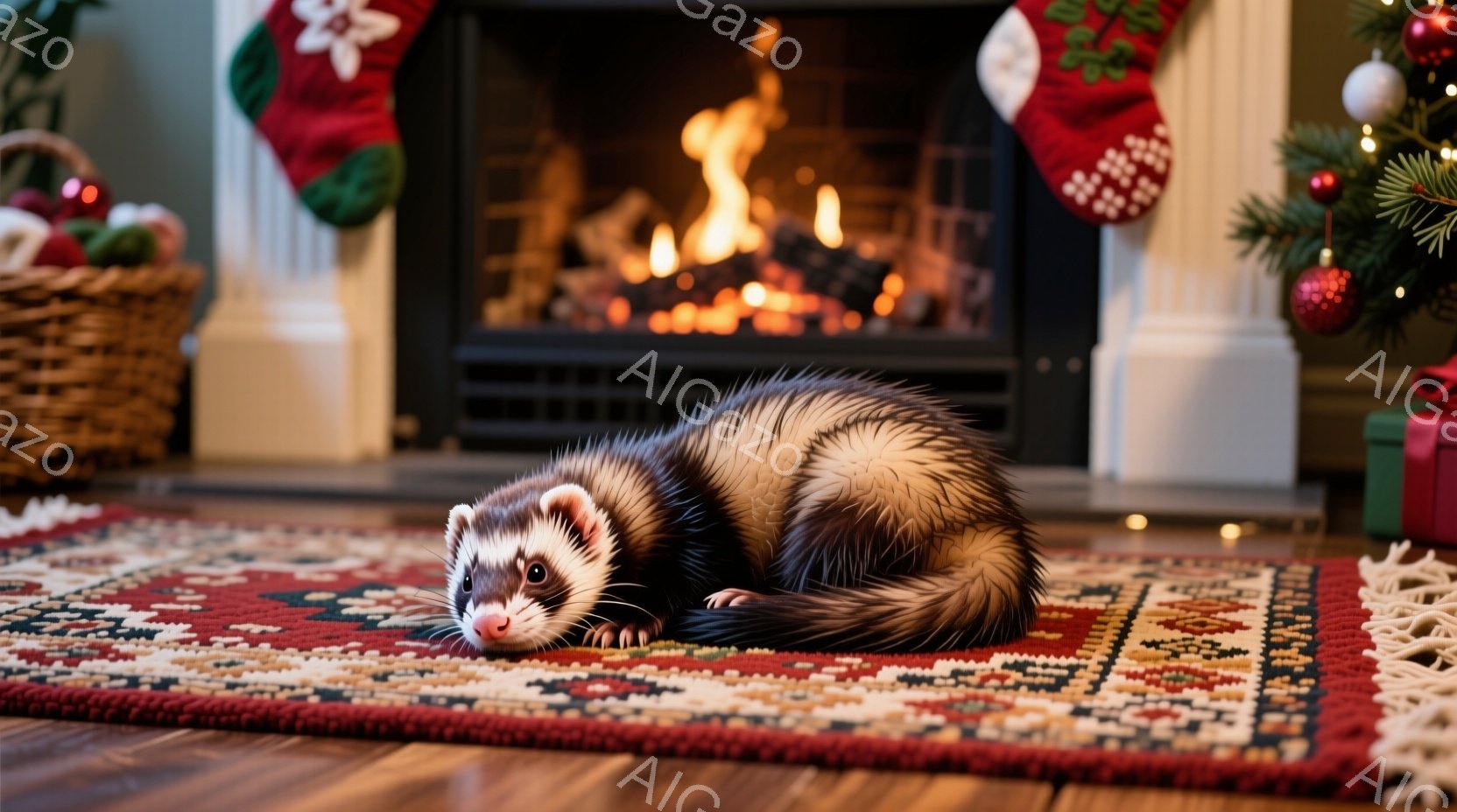 赤い模様の絨毯の上に、毛並みの美しいフェレットが横たわっています。背景には暖炉があり、炎が燃え盛って暖かな光を放ち、クリスマスの飾り付けが施された部屋の様子が伺えます。全体的に温かく、家庭的なクリスマスの雰囲気が漂っています。