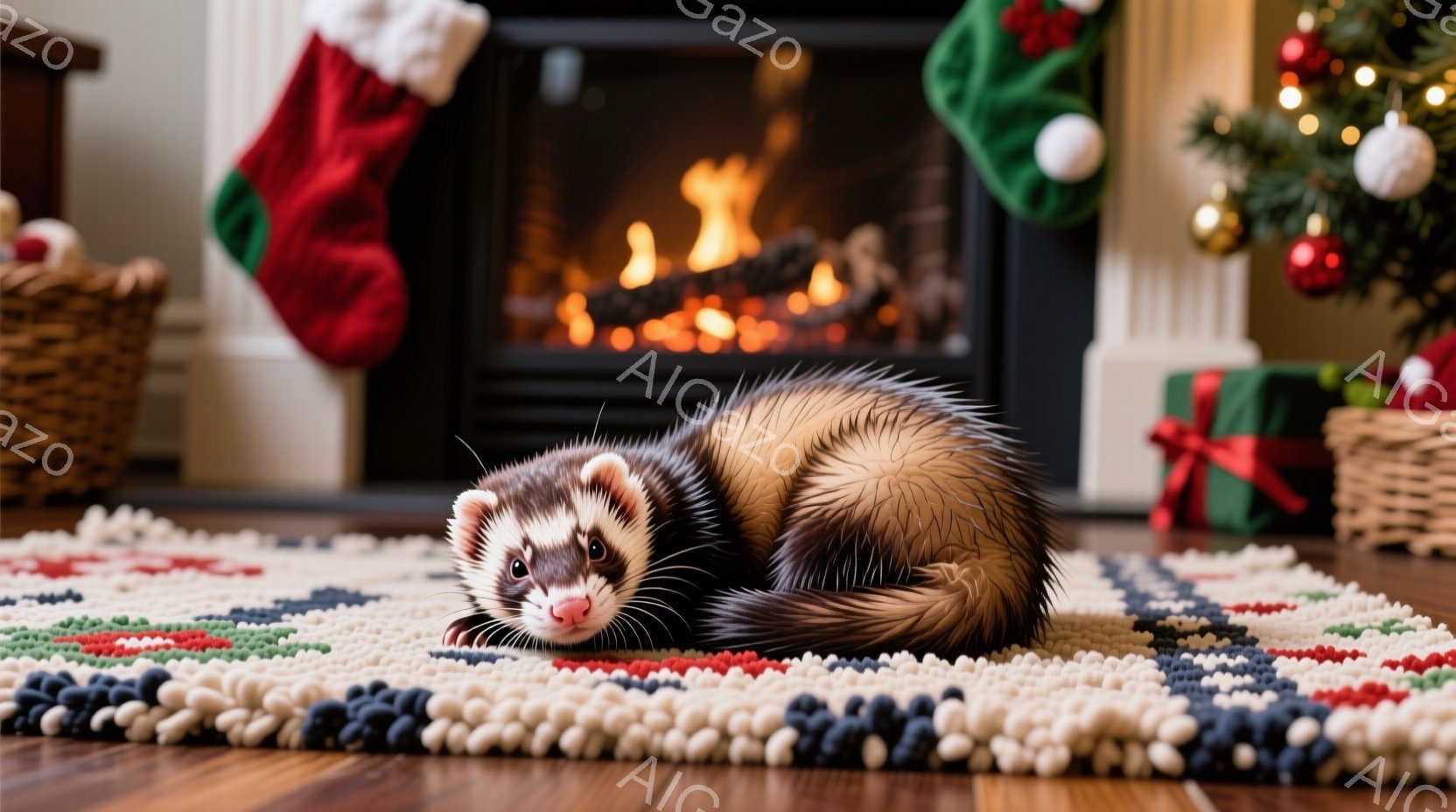 暖炉のそばの絨毯に、茶色と白のフェレットがうずくまっている。背景には、クリスマスツリーとプレゼントの箱、そして赤い靴下が見え、冬の暖かく祝祭的な雰囲気が漂っている。フェレットはリラックスした様子で、穏やかな表情を浮かべている。
