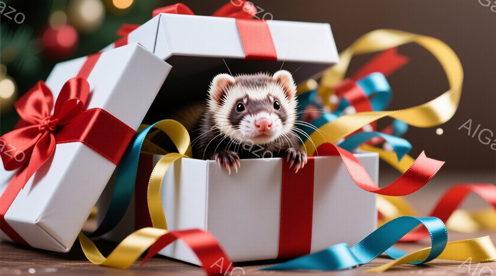 白いギフトボックスの中から、可愛らしいフェレットが顔を出しています。フェレットは好奇心旺盛な表情で、前足を箱の縁につけてこちらを見ています。背景にはカラフルなリボンが散らばり、木製のテーブルの上に置か - AI生成フリー素材