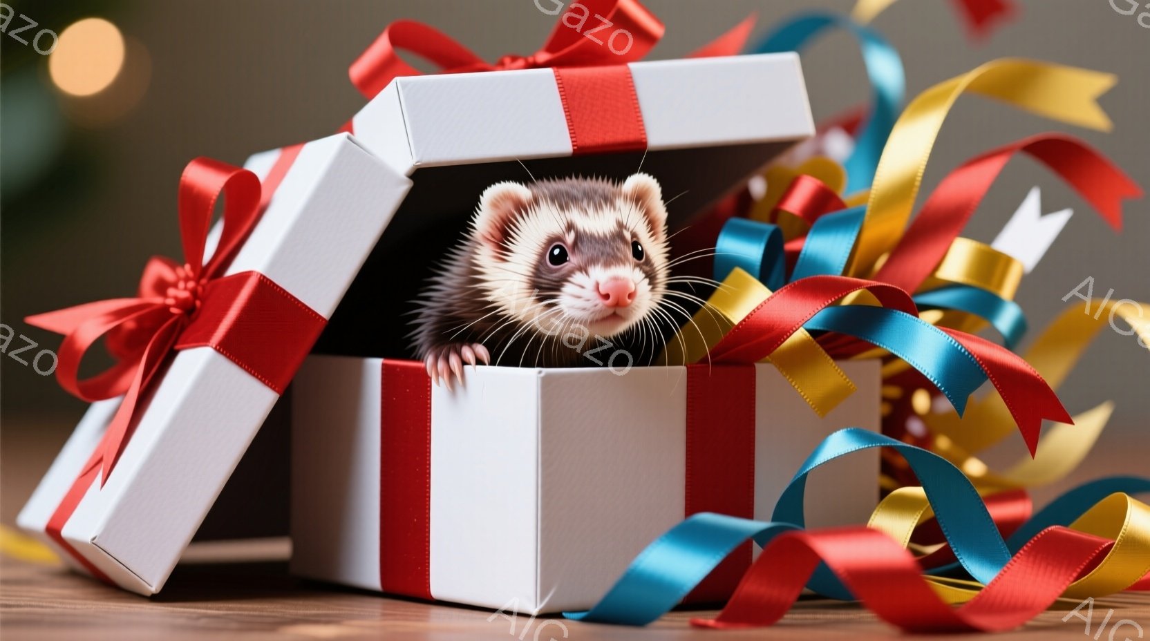白いギフトボックスから顔を出し、好奇心に満ちた表情でこちらを見ているフェレットが写っています。箱は赤いリボンで飾られ、周りには青、金、赤色のカラフルなリボンが散らばっています。背景は木製の表面で、ぼや - AI生成フリー素材