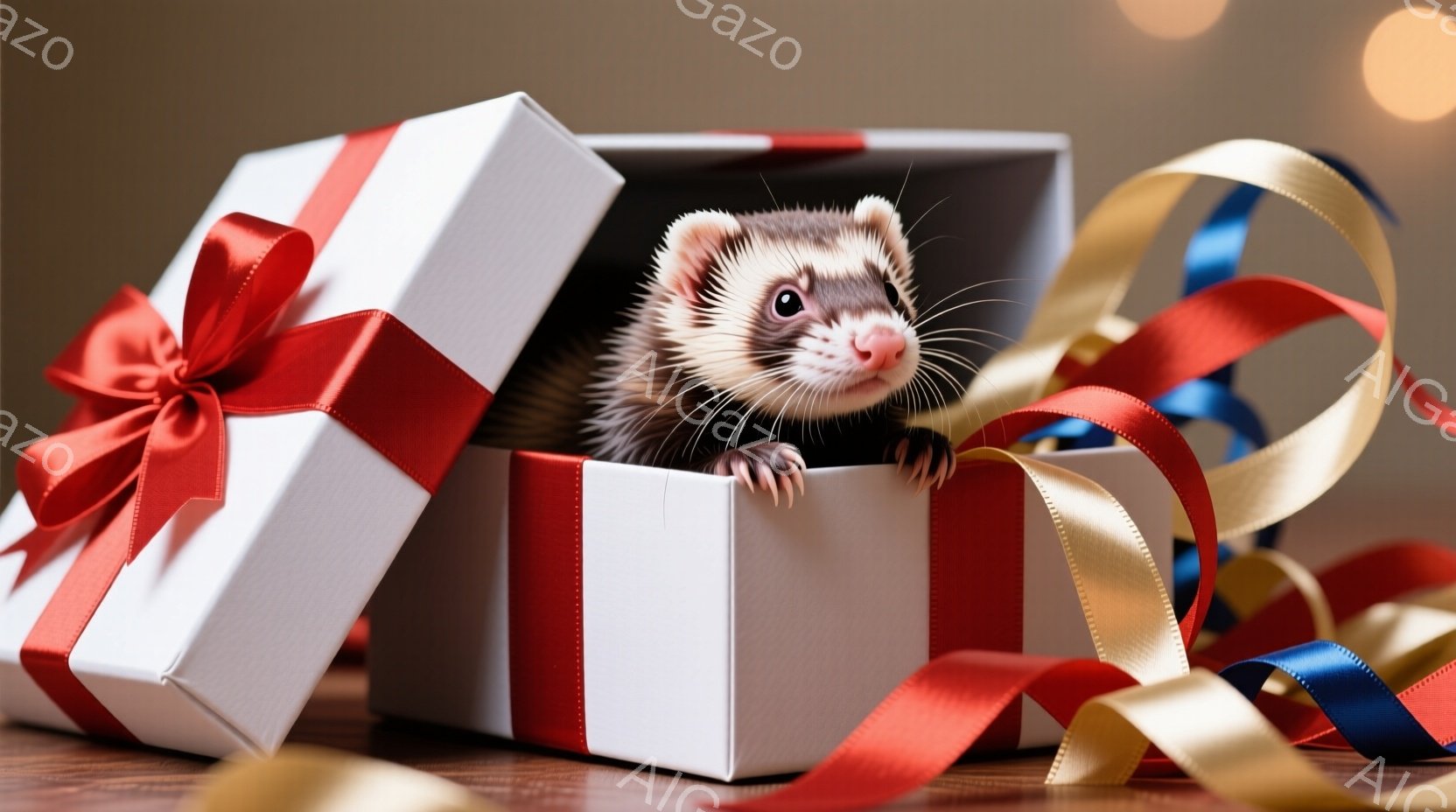 白いギフトボックスから顔を出しているフェレットが写っています。フェレットは好奇心旺盛な表情で、箱の中からこちらを見ています。赤いリボンや金色のリボンが箱の周りに散らばっており、お祝いやプレゼントの雰囲気を演出しています。