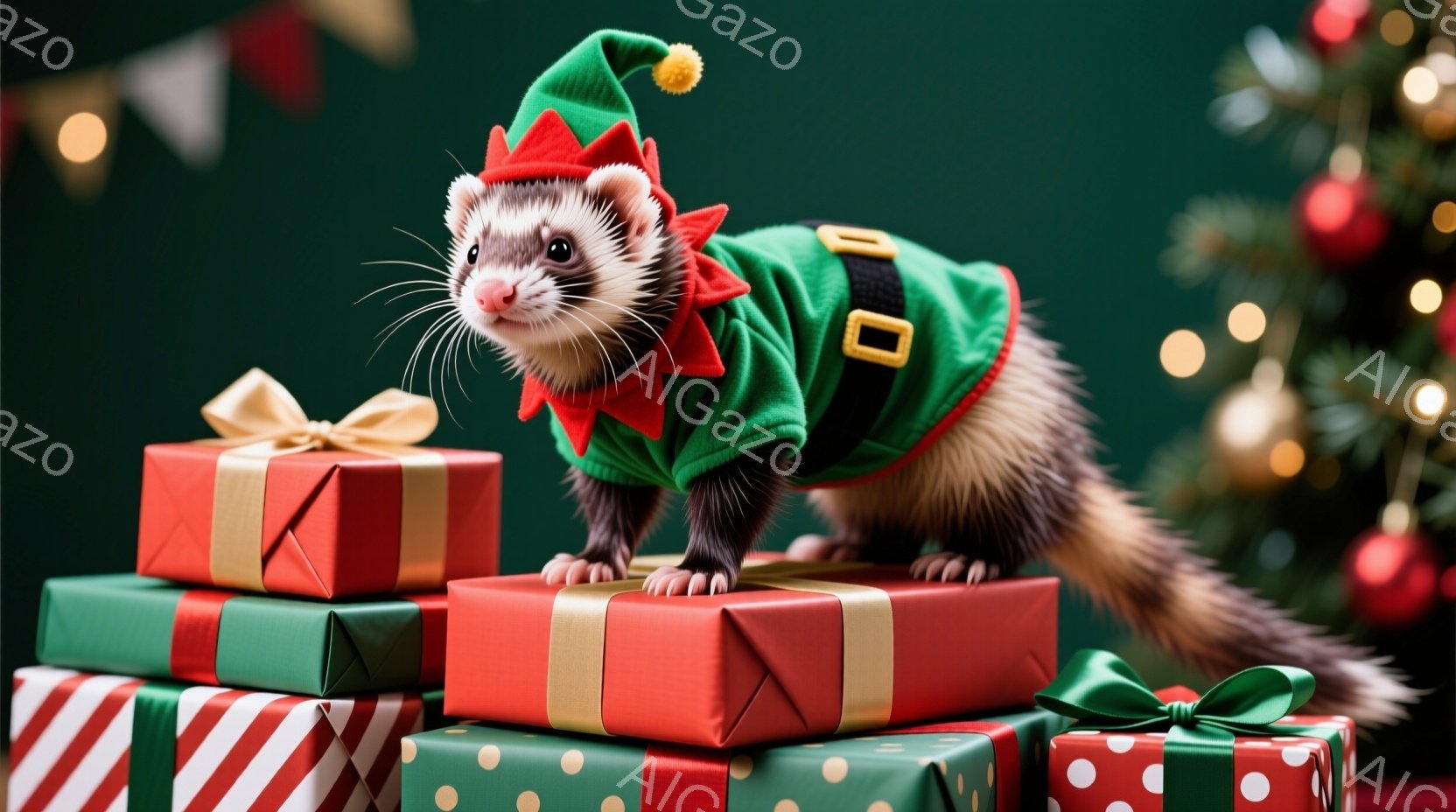 イタチがクリスマスプレゼントの山の上に立っています。緑色のエルフの衣装を着て、頭にはポンポン付きの帽子をかぶっています。背景にはぼやけたクリスマスツリーと、赤い、緑の、そして赤いストライプのギフトボックスが積まれています。