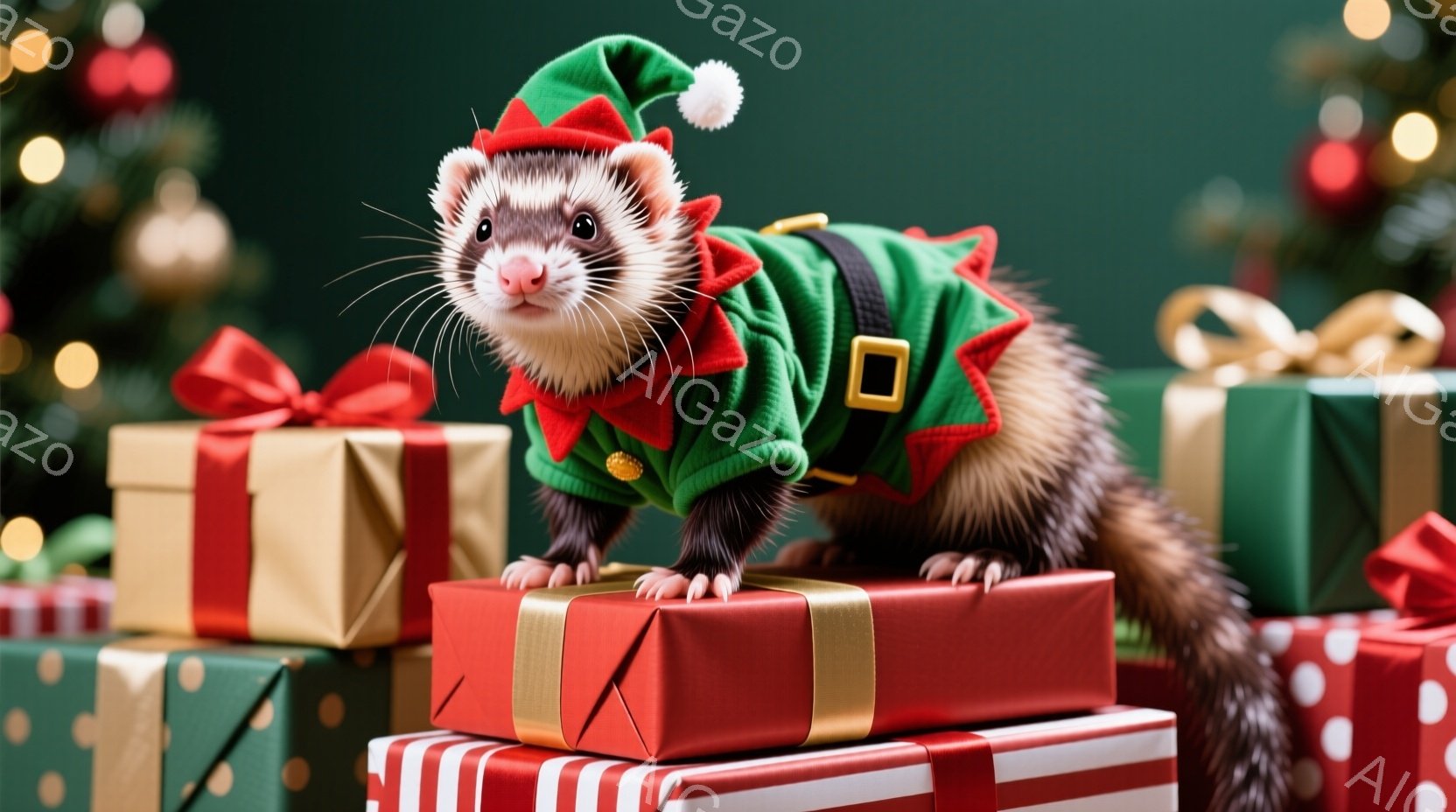 イタチがクリスマスプレゼントの山の上に立っており、緑色のエルフの衣装を着ています。エルフの帽子は頭に乗っており、衣装には金色のバックルが付いています。背景にはぼやけたクリスマスツリーや様々な色のプレゼント箱があり、全体的に温かくお祝いの雰囲気です。
