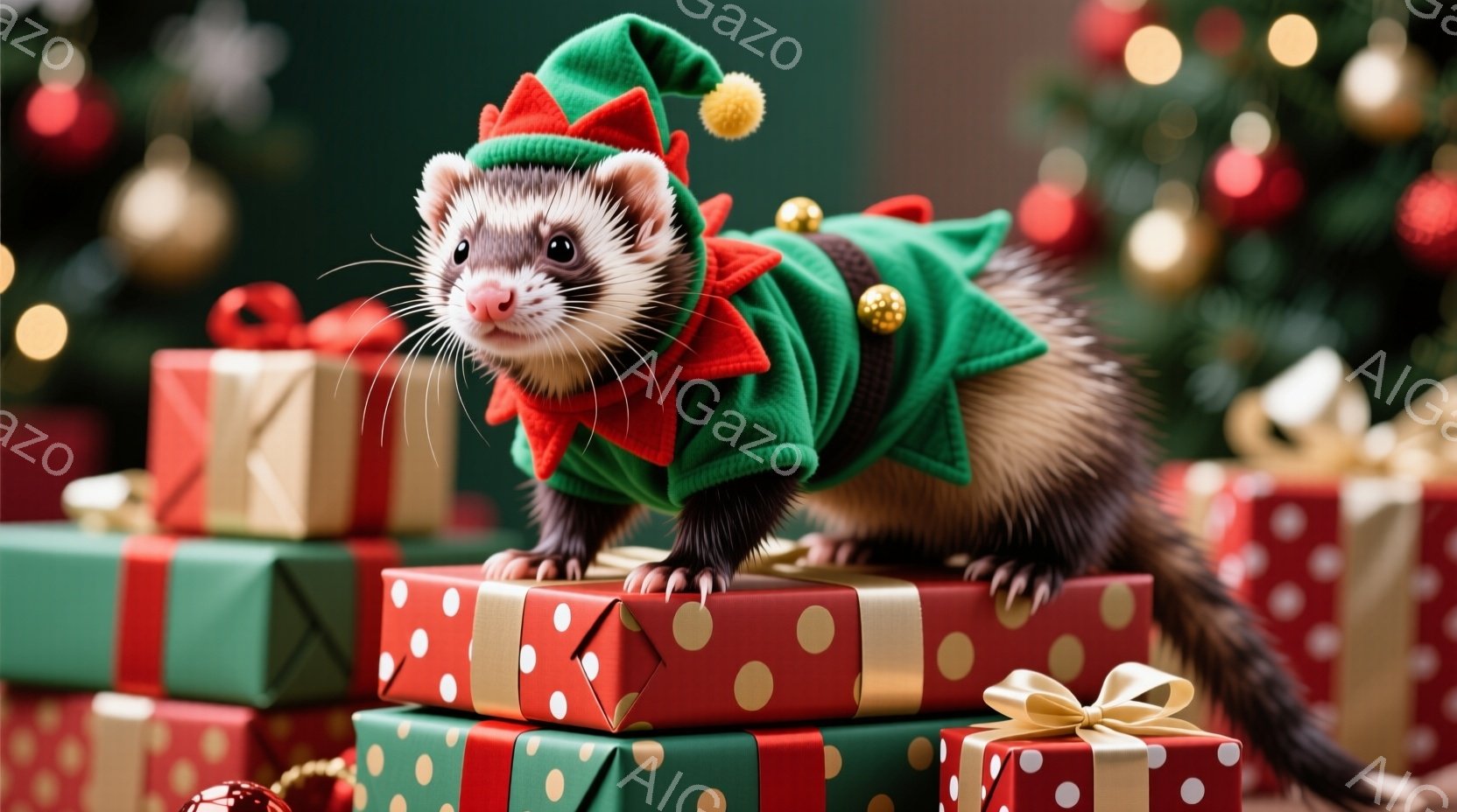 イタチがクリスマスプレゼントの山の上に立っており、緑色のエルフの衣装を着ています。衣装には、先のとがった帽子と金色の装飾が施されており、愛らしい表情をしています。背景には、ぼやけたクリスマスツリーとキラキラと光る装飾が映り込み、全体的に暖かいお祝いの雰囲気です。