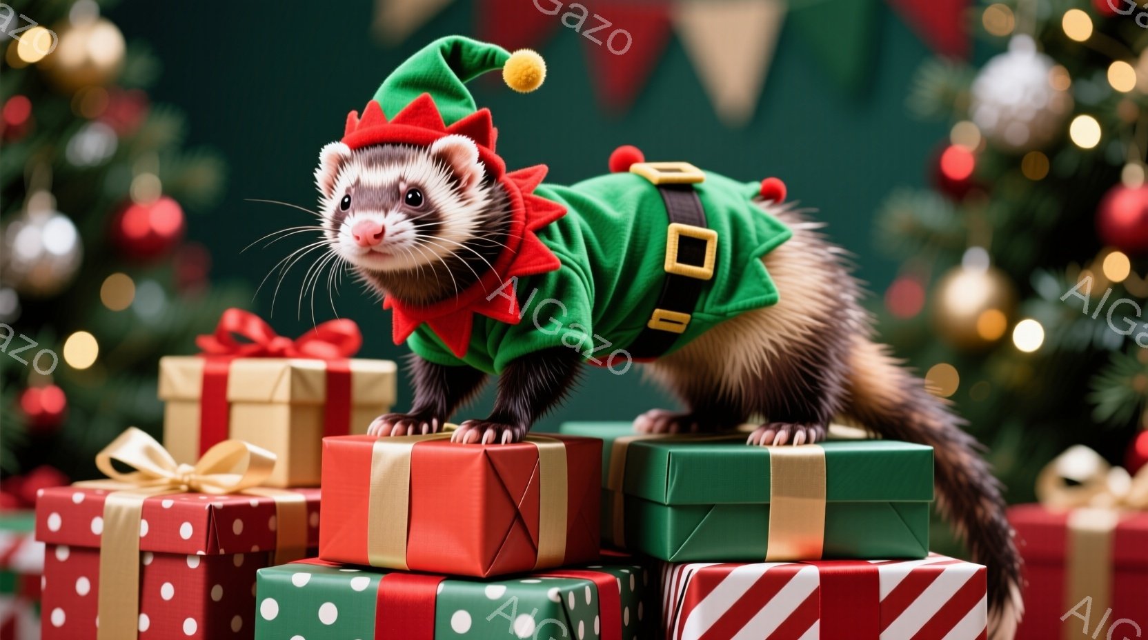 イタチがクリスマスプレゼントの山の上に立っており、緑色の帽子とベストを着ています。その表情は少し緊張しているようにも見え、真剣な眼差しで正面を見ています。背景にはぼやけたクリスマスツリーと装飾が見え、全体的に祝祭的な雰囲気が漂っています。