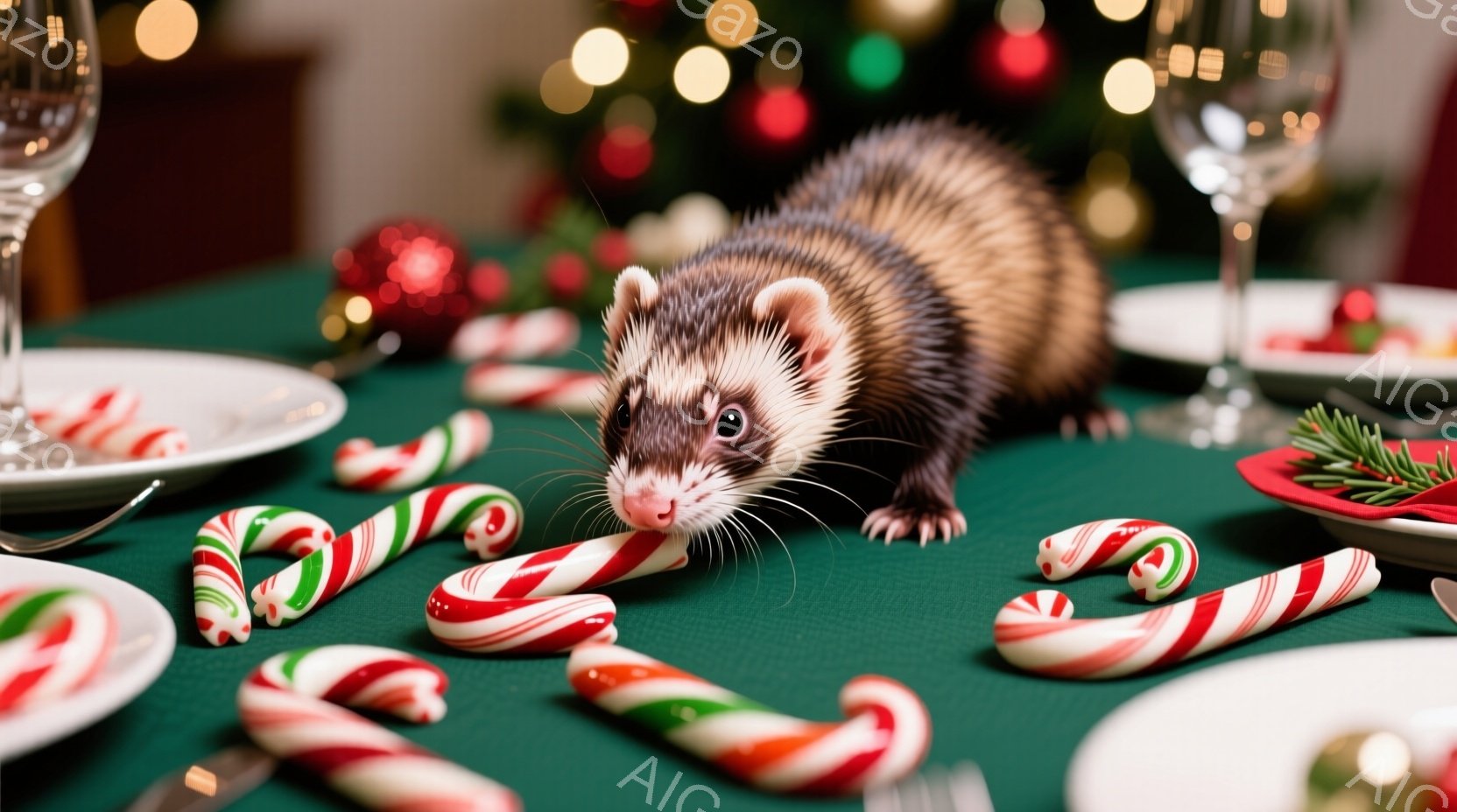 緑色のテーブルクロスの上に、キャンディケーンが散らばっており、その中にイタチが鼻を突っ込んでキャンディケーンを調べている様子が写っている。背景には食器や装飾がぼやけており、クリスマスの雰囲気を感じさせる暖かい光が灯っている。イタチの毛並みは美しく、好奇心旺盛な表情が印象的である。