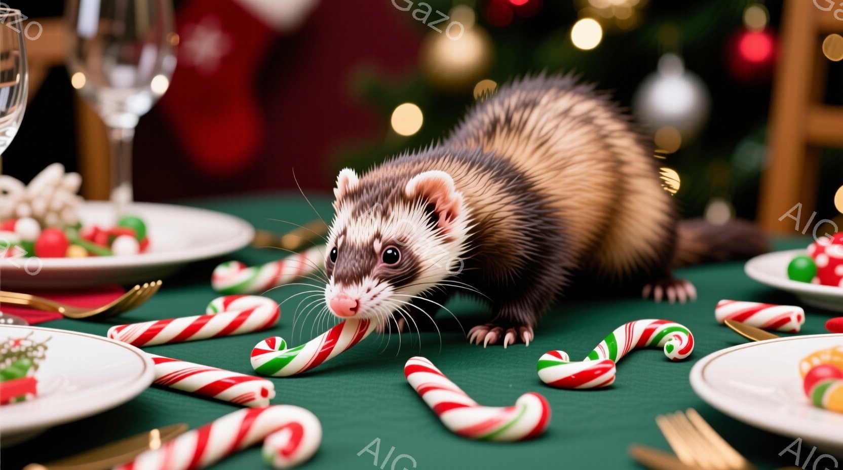 深緑色のテーブルの上に、キャンディケーンが散らばり、その中にイタチが描かれています。イタチは鼻をキャンディケーンにつけて、興味深そうに眺めており、テーブルの周りには、クリスマスの飾り付けや食器が置かれています。背景にはぼやけたクリスマスツリーが見え、暖かくお祝いムードに包まれた様子が伺えます。
