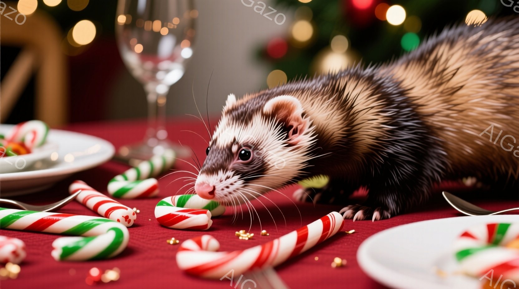 赤いテーブルクロスの上に、緑と白のキャンディケーンが散らばっており、その中にイタチが顔を突っ込んでキャンディケーンを舐めています。背景にはぼやけたクリスマスツリーの光があり、お祝いの雰囲気を示唆しています。イタチは好奇心旺盛な表情で、お祭りの雰囲気に満ちた場面です。