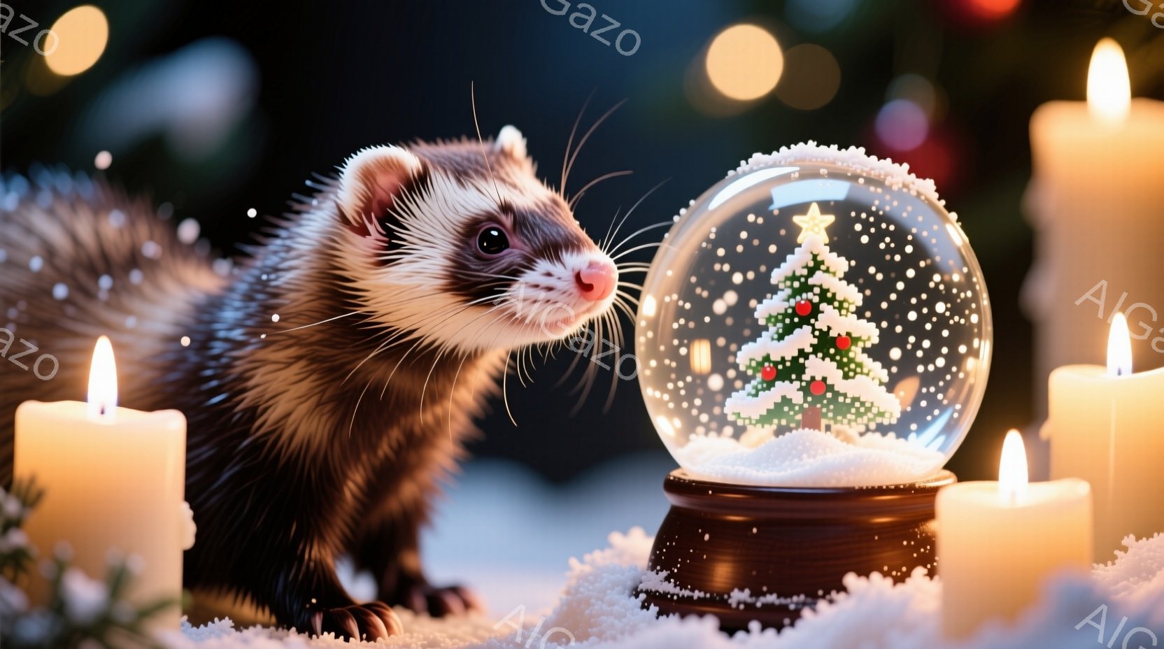 暗い背景に雪が舞い、クリスマスの飾り付けが広がっています。黒いフェレットが雪で覆われた地面に立ち、赤い鼻をクリスマスの木が入ったスノーグローブに近づけています。周りには、穏やかな光を放つ複数のキャンドルが置かれ、暖かく幻想的な雰囲気を醸し出しています。
