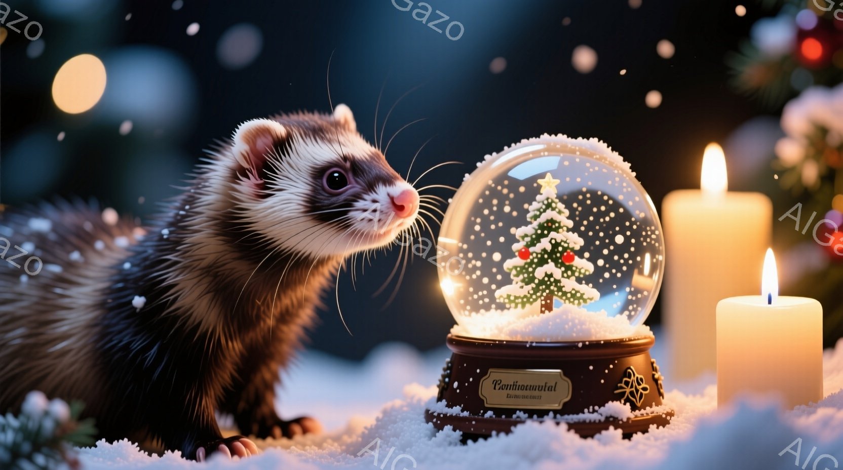 雪の上に毛並みの美しいフェレットが、雪の舞うクリスマスのオルゴールと一緒に写っている。オルゴールの中には小さなクリスマスツリーが飾られており、その隣には光るキャンドルが置かれている。背景は暗く、ぼやけ - AI生成フリー素材