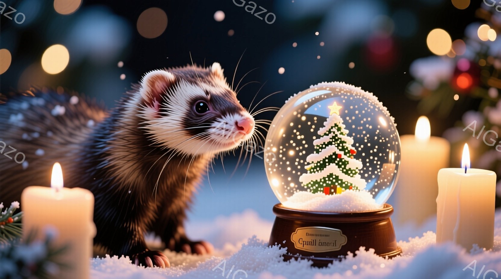 雪の上に置かれたクリスマスのオーナメントのそばで、イタチが好奇心いっぱいの表情でこちらを見つめています。背景にはぼやけた光の玉と、点在するロウソクがあり、温かく幻想的な冬の雰囲気を醸し出しています。イタチの毛並みは滑らかで、雪景色とのコントラストが美しい一枚です。