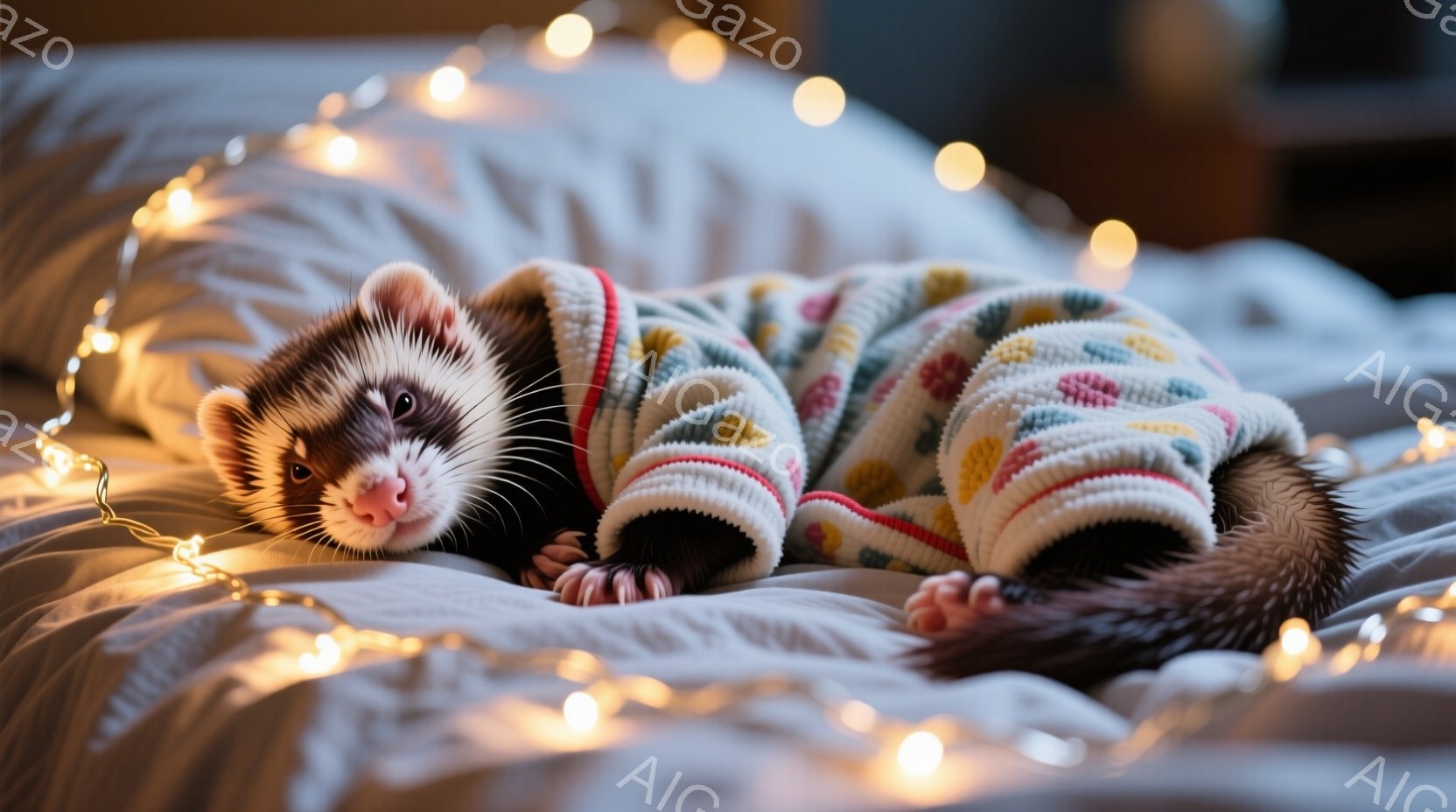 イタチが白いベッドの上に横たわり、カラフルな模様のニットを着ています。その表情は穏やかで、リラックスしている様子が伺えます。背景にはぼやけた光のストリングライトがあり、暖かく優しい雰囲気を醸し出しています。