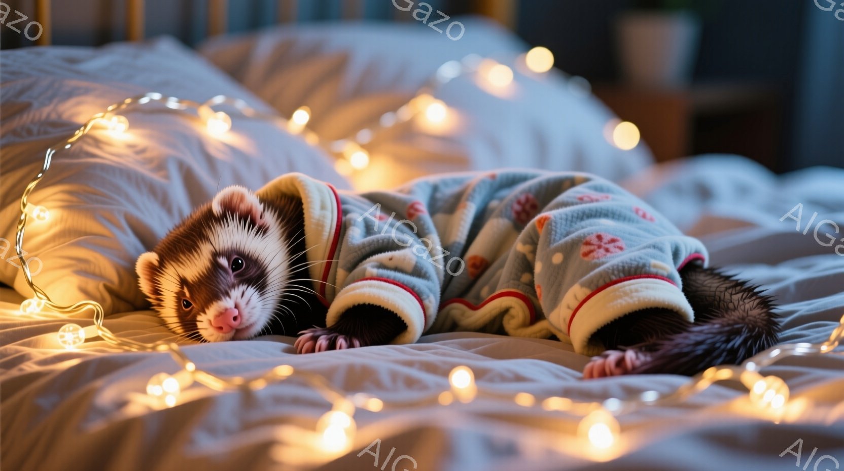 イタチが柔らかい毛布のような服を着て、ふわふわの白いベッドの上に横たわっています。その表情は少し眠そうで、リラックスした様子が伝わってきます。背景には温かい光を放つイルミネーションが散りばめられ、安らぎと穏やかな雰囲気を醸し出しています。