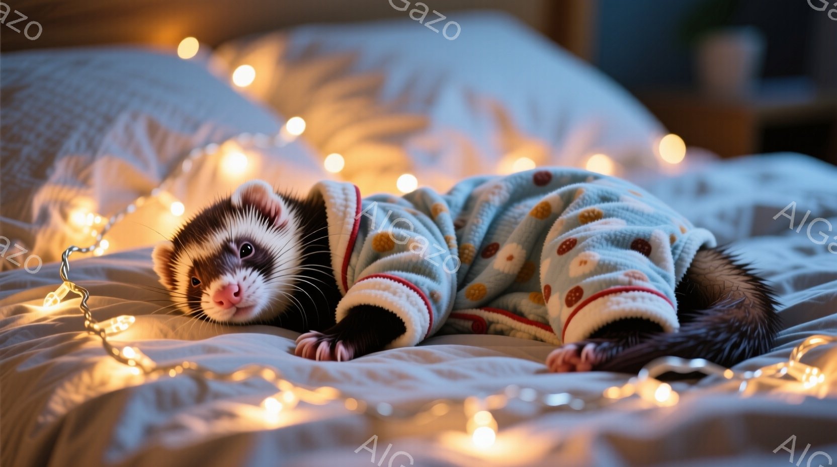 白地にイチゴ柄が可愛らしい水色のパーカーを着たフェレットがベッドに横たわっています。毛並みが良く、リラックスした表情で、まるで人間のように可愛らしい姿を見せています。背景には温かみのあるオレンジ色のイ - AI生成フリー素材