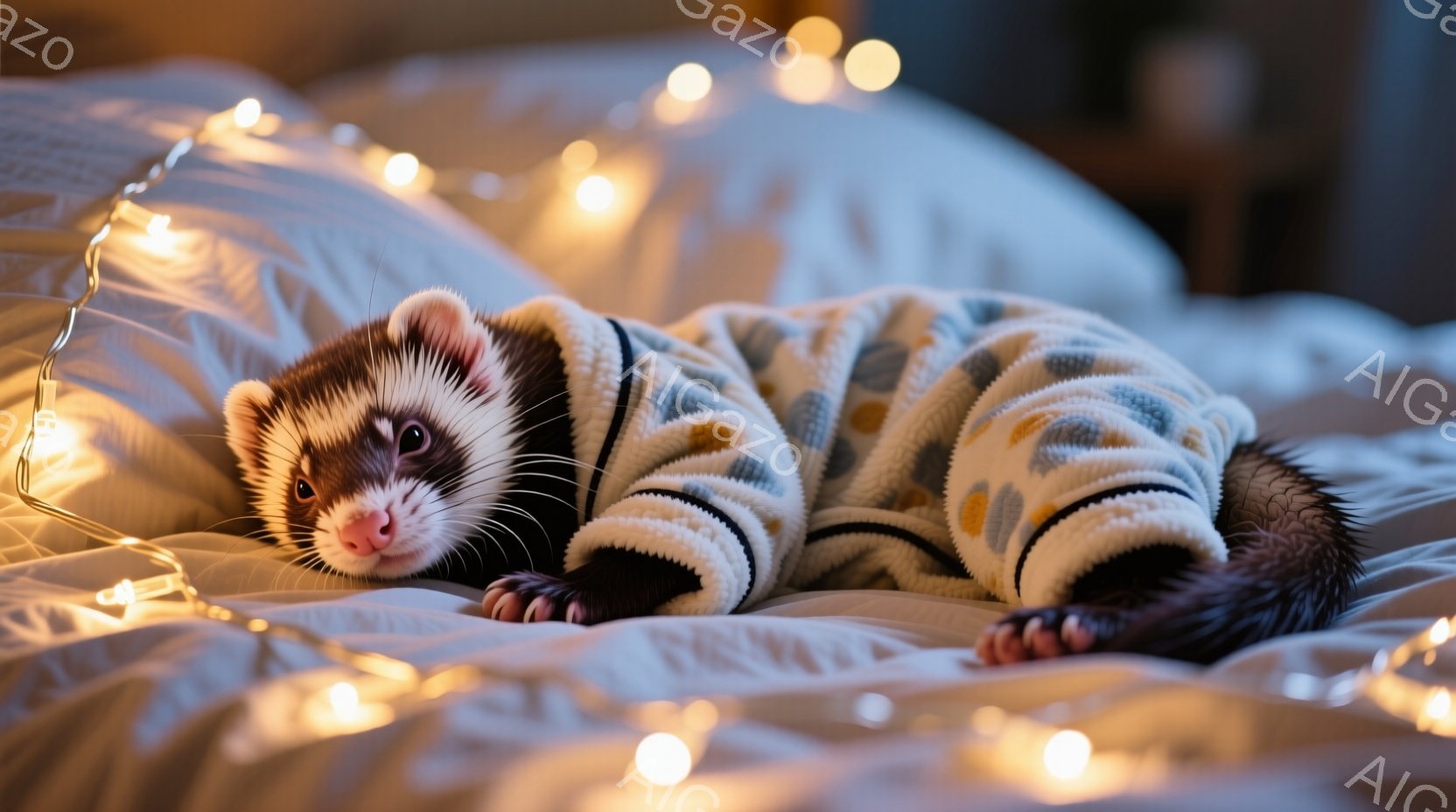 イタチがふわふわの青と黄色い模様のローブを羽織り、白いベッドの上に横たわっています。その表情は少し眠たげで、リラックスした様子が伺えます。背景にはぼんやりとした光が散りばめられており、温かく穏やかな雰囲気を醸し出しています。