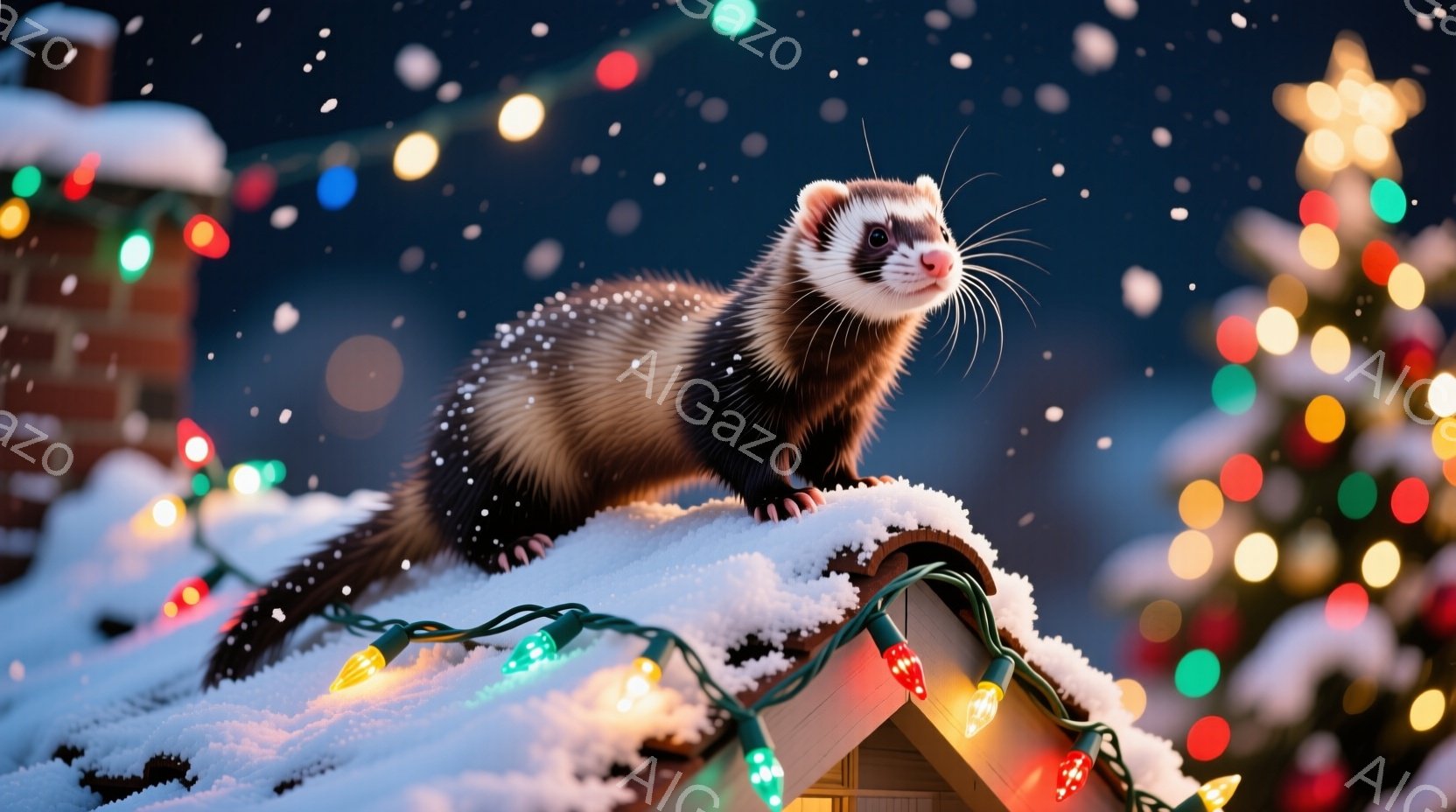 雪で覆われた屋根の上にイタチが立っており、周囲にはカラフルなイルミネーションが輝いています。背景にはぼやけたクリスマスツリーが見え、雪が舞う冬の夜の静かで幻想的な雰囲気が漂っています。イタチは前方をまっすぐ見つめ、警戒心と好奇心を湛えた表情をしています。