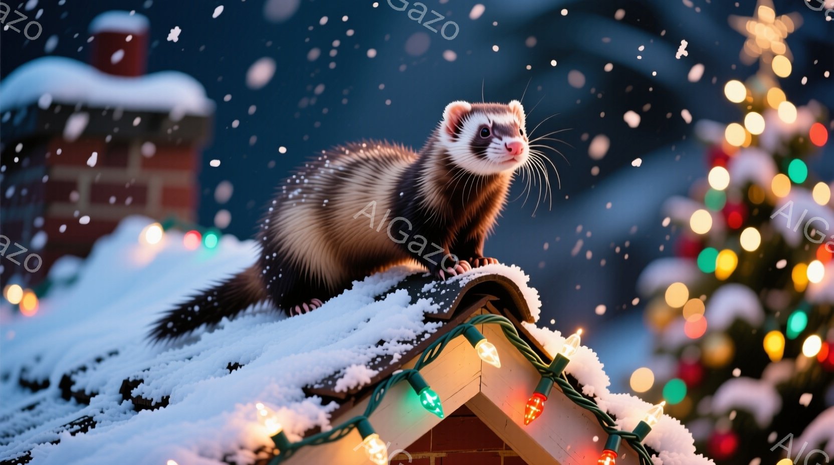 雪で覆われた屋根の上に、イタチが立っています。イタチは黒い毛並みで、鼻先がピンク色をしています。背景には、クリスマスの電飾が輝き、雪が舞う冬の夜の雰囲気を醸し出しています。