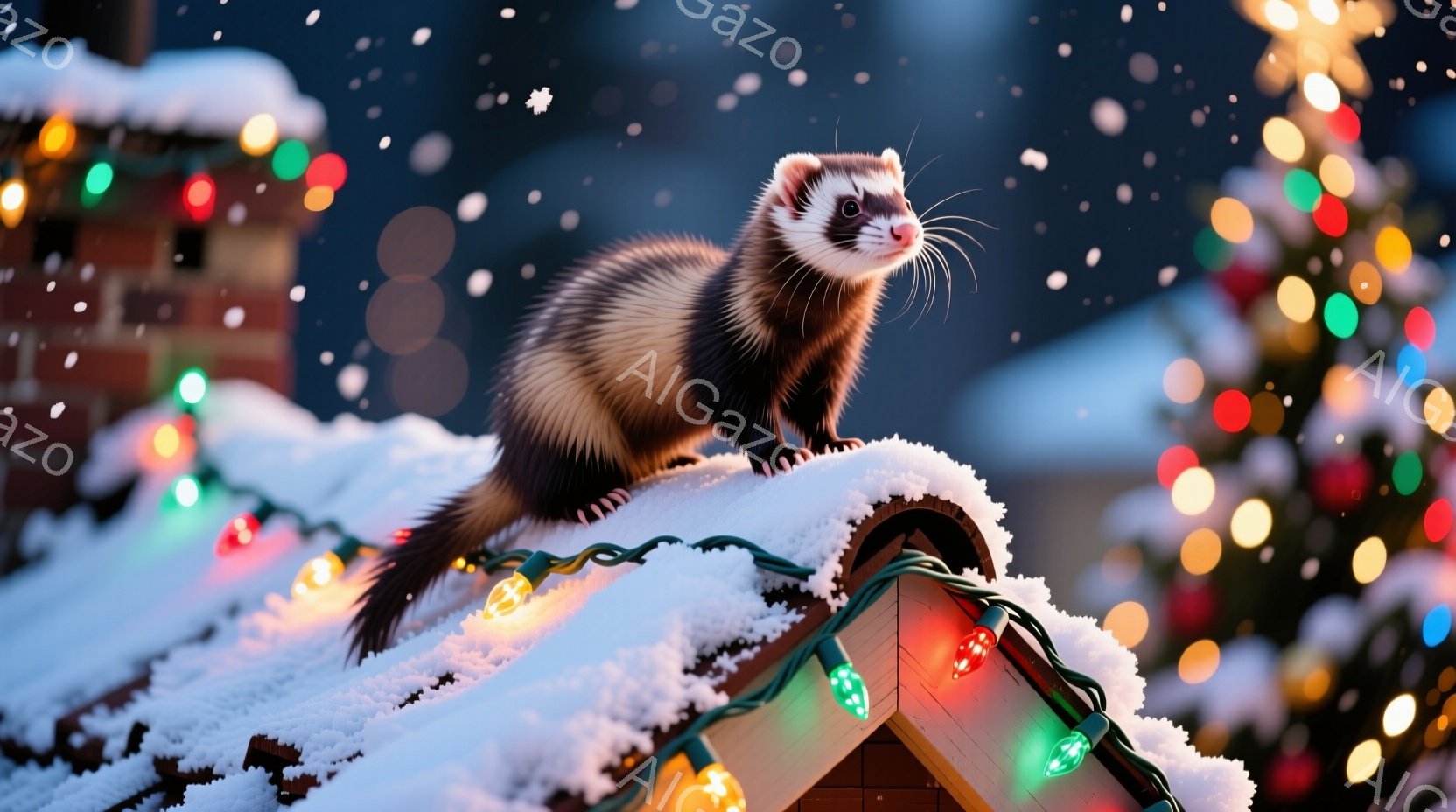 雪が降り積もった屋根の上には、毛並みの美しいフェレットが立っている。カラフルなイルミネーションライトが屋根を飾り、背景にはぼやけたクリスマスツリーの光が輝いている。冬の暖かい雰囲気と、可愛らしいフェレ - AI生成フリー素材