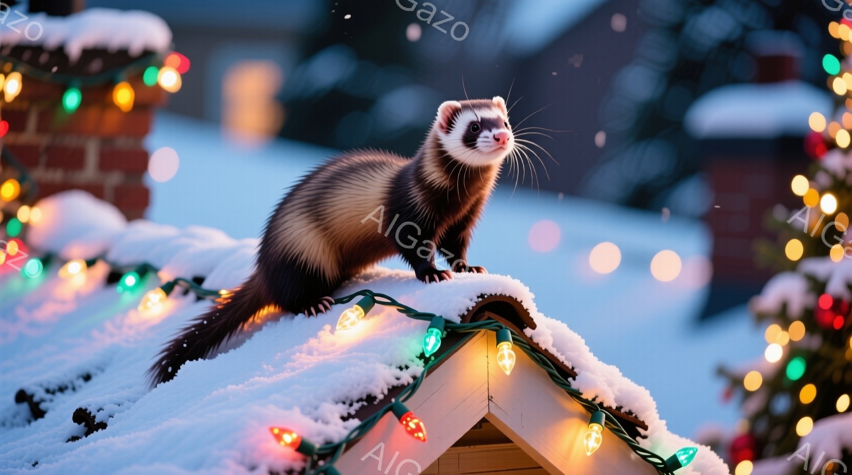 雪が積もった屋根の上にイタチが立っており、鮮やかなクリスマスライトが屋根を飾り付けている。イタチは前方をまっすぐ見つめ、毛並みが美しく、冬の寒さの中、凛とした姿を見せている。背景には、雪に覆われた建物やクリスマスツリーがぼやけ、冬の暖かく、幻想的な雰囲気を醸し出している。