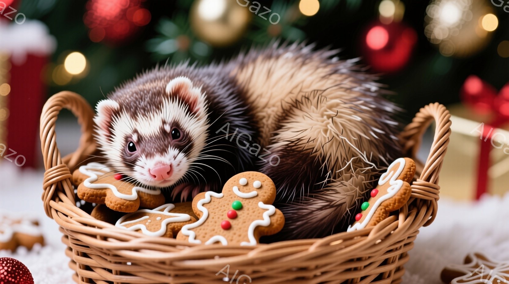 籠の中に、かわいらしいフェレットがクッキーに囲まれて丸くなっています。フェレットは茶色と白の毛並みで、つぶらな瞳でこちらを見つめており、とても愛らしい表情をしています。背景には、クリスマスツリーやプレ - AI生成フリー素材